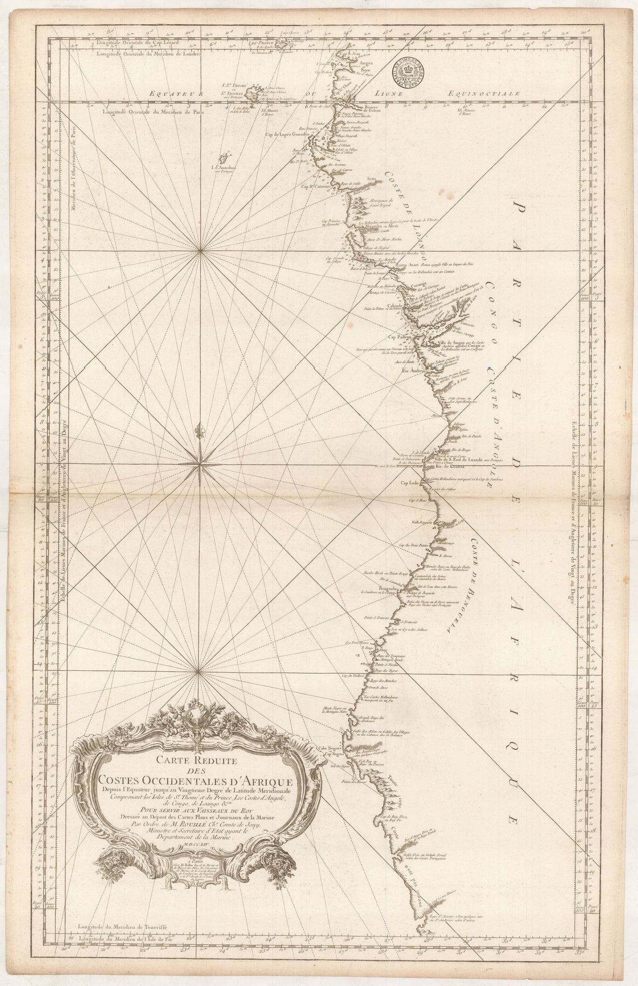 Carte Reduite des Costes Occidentales d'Afrique depuis l'Equateur jusqu'au Vingtieme Degré de Latitude Meridionale comprenantles Isles de St. Thomé et du Prince, Les Costes d'Angole, de Congo, de Loango &ca. ... M.D.CC.LIV.