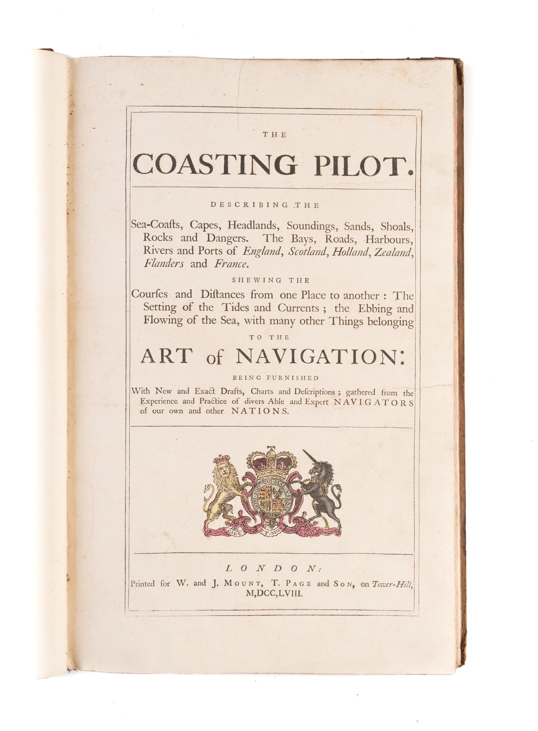 The Coasting Pilot. Describing the Sea-Coasts, Capes, Headlands, Soundings, Sands, Shoals, Rocks and Dangers. The Bays, Roads, Harbours, Rivers and Ports of England, Scotland, Holland, Zealand, Flanders and France. ...'
bound with: The English Pilot, for