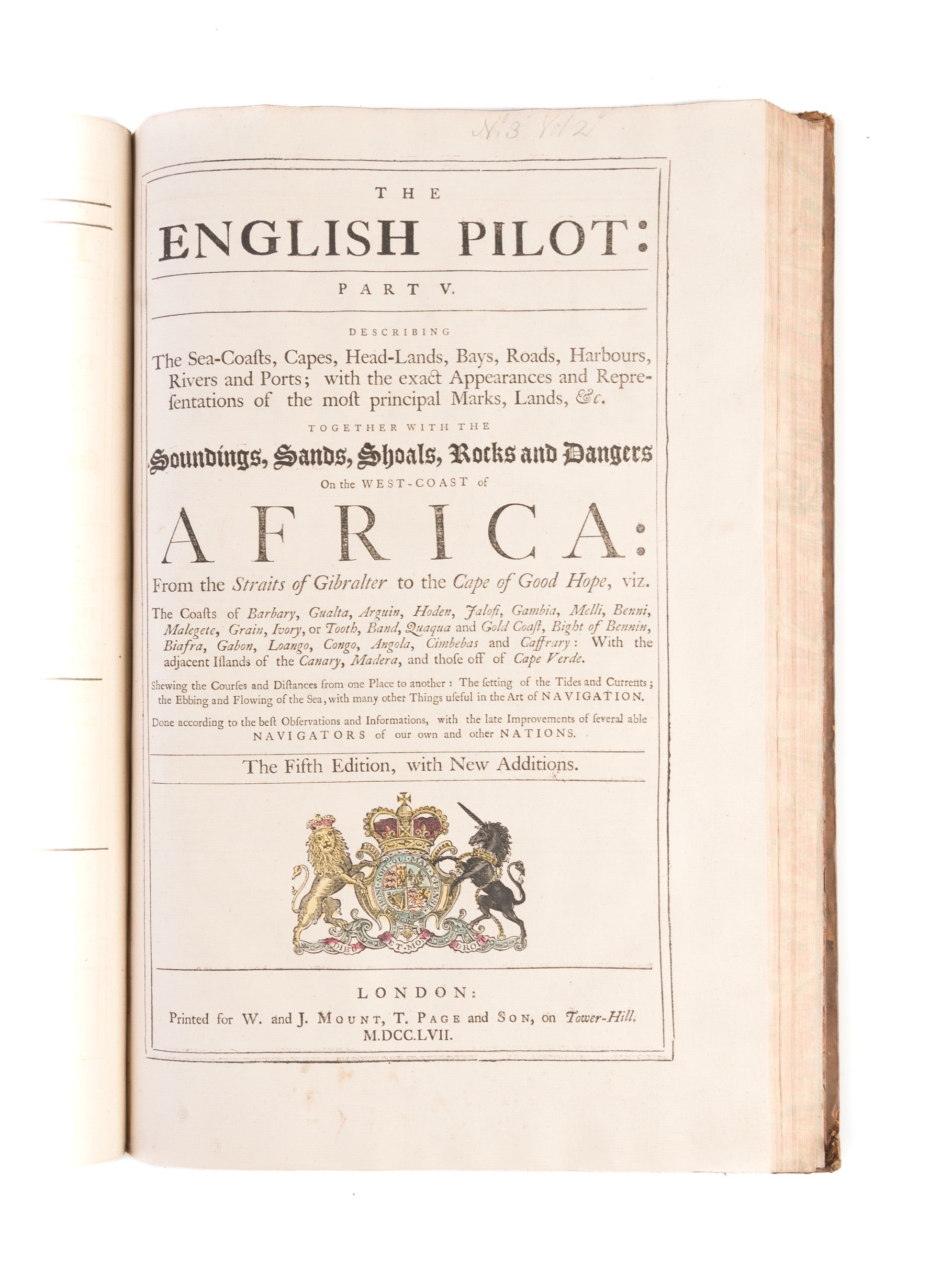 The Coasting Pilot. Describing the Sea-Coasts, Capes, Headlands, Soundings, Sands, Shoals, Rocks and Dangers. The Bays, Roads, Harbours, Rivers and Ports of England, Scotland, Holland, Zealand, Flanders and France. ...'
bound with: The English Pilot, for