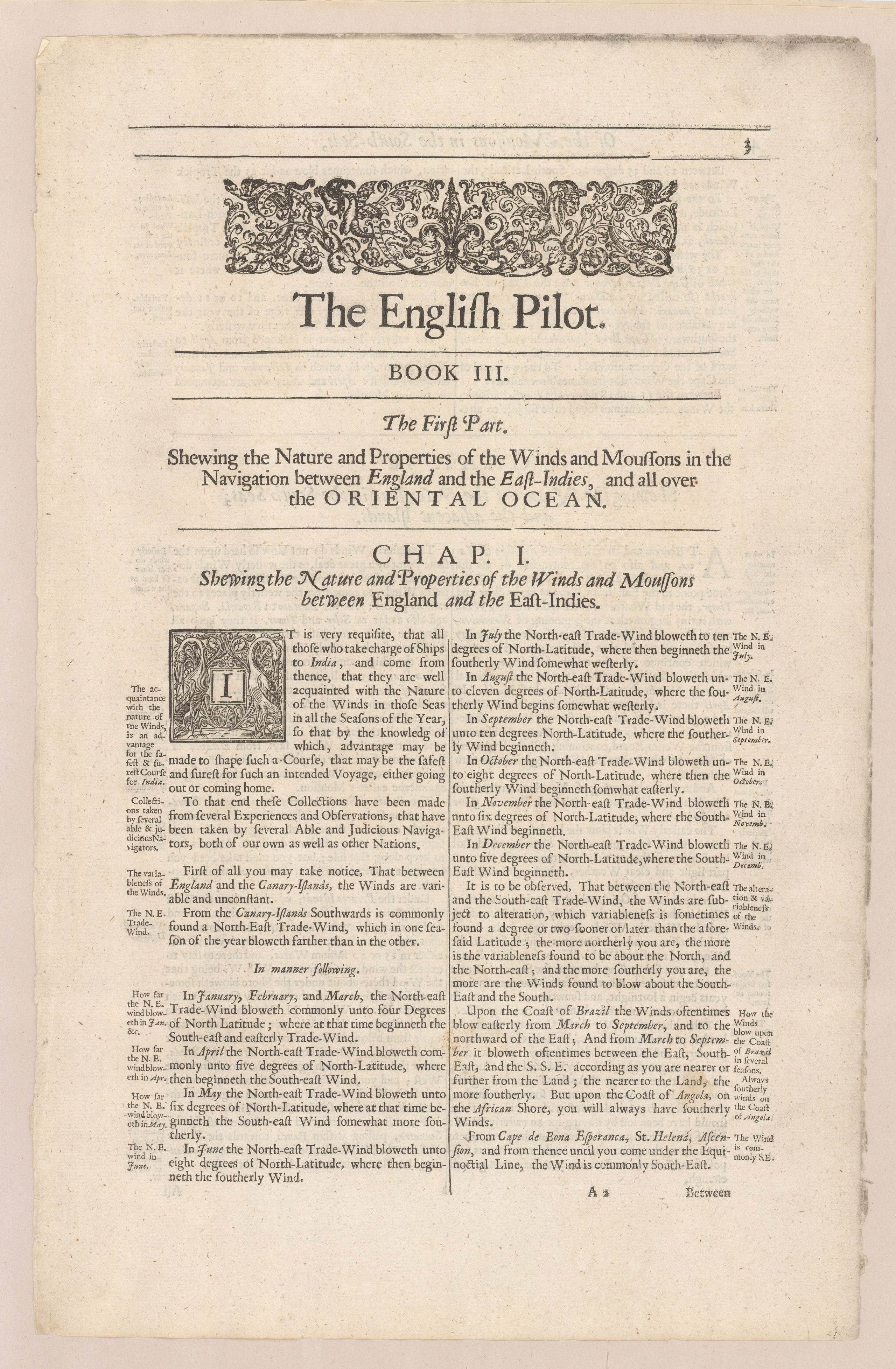 The English Pilot. The Third Book. Describing the Sea-Coasts, Capes, Headlands, Straits, Soundings, Sands, Shoals, Rocks and Dangers. The Islands, Bays, Roads, Harbors and Ports in the Oriental Navigation. Shewing the Properties and Nature of the Winds an