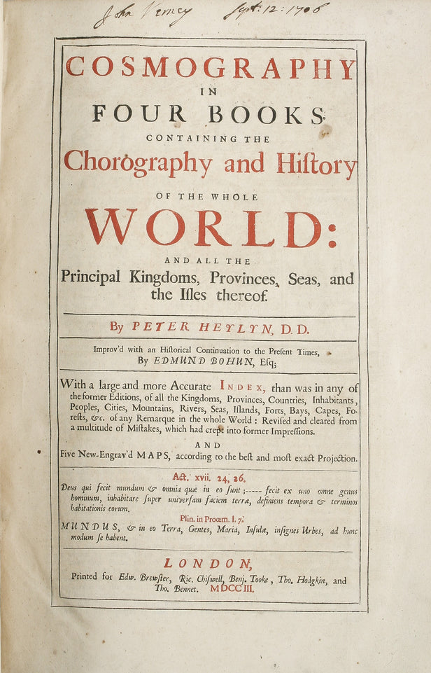 Cosmography in four books. Containing the Chorography and History of the whole World: and all the principal Kingdoms, Provinces, Seas, and the Isles thereof. ...