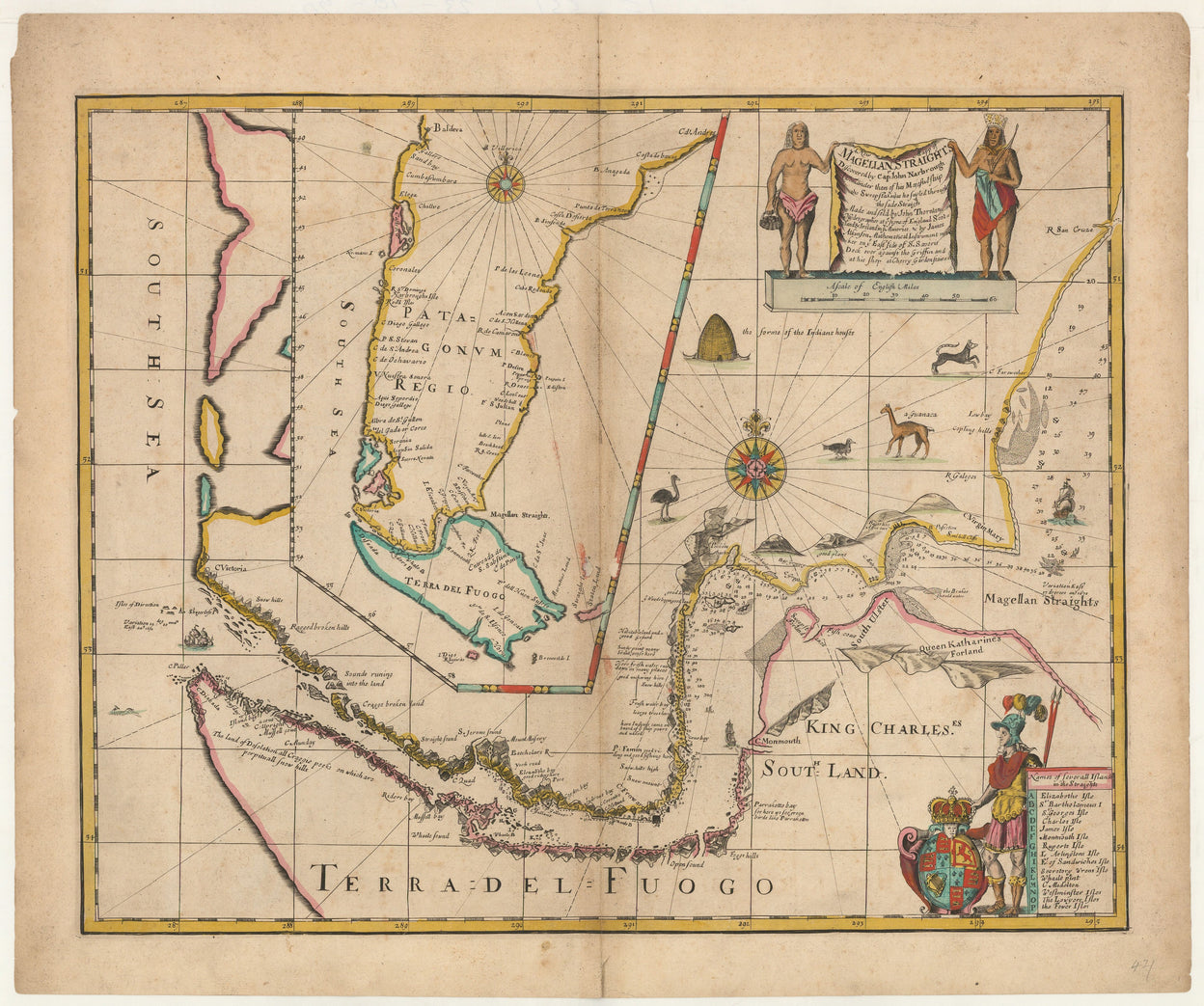 A New Map of Magellans Straights Discovered by Capt: Iohn Narbrough (Com[m]ander then of his Maiesties ship the Sweepstakes.) as he sayled through the sade Straights. …