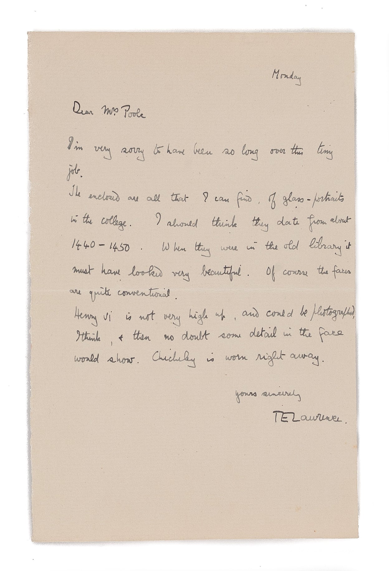 Autograph Letter Signed (T.E. Lawrence), to Mrs Lane Poole.