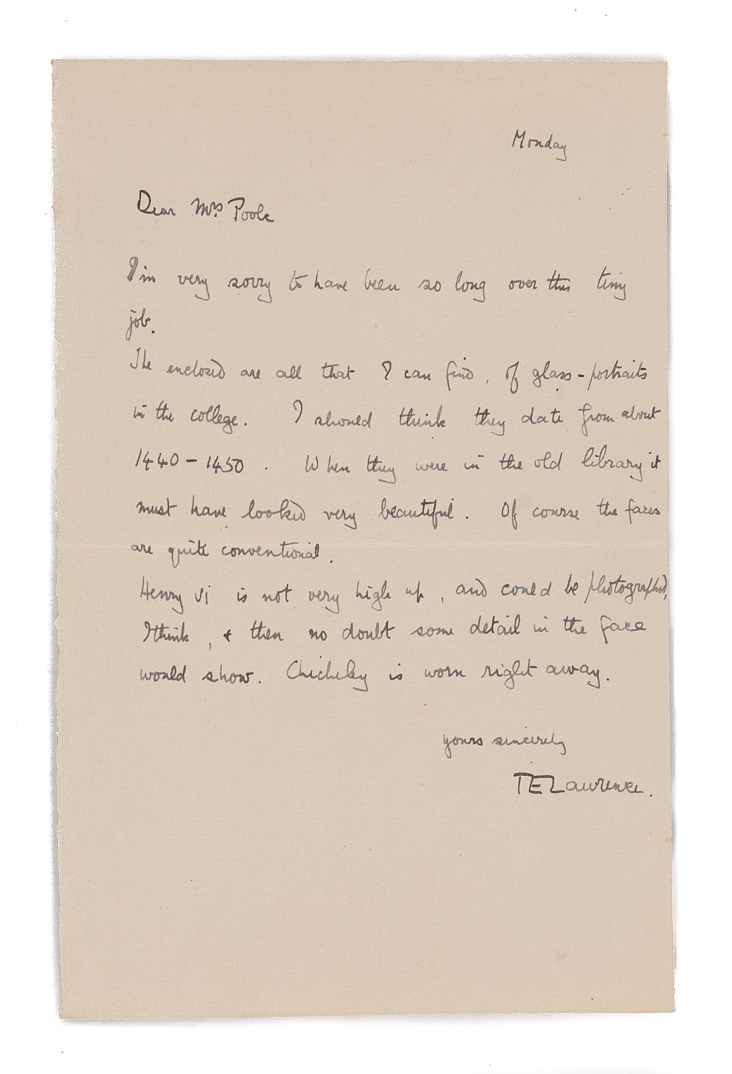 Autograph Letter Signed (T.E. Lawrence), to Mrs Lane Poole.