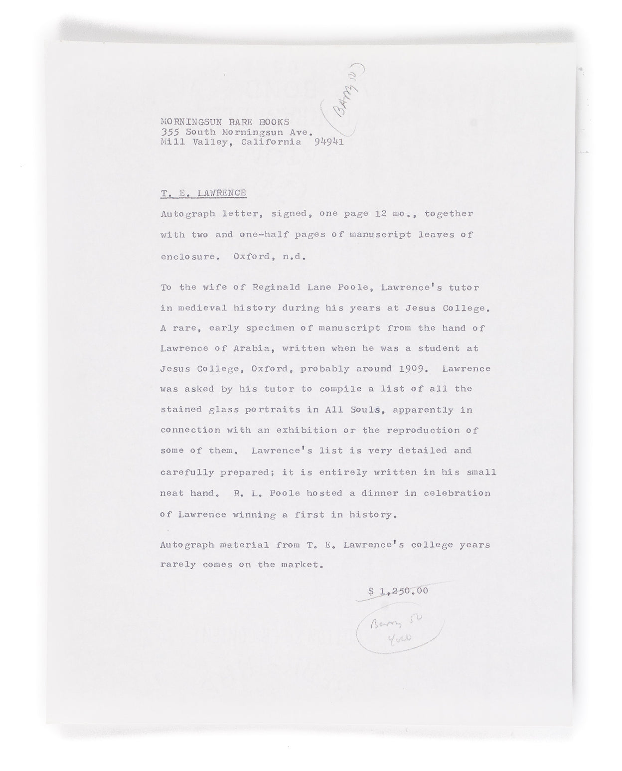 Autograph Letter Signed (T.E. Lawrence), to Mrs Lane Poole.