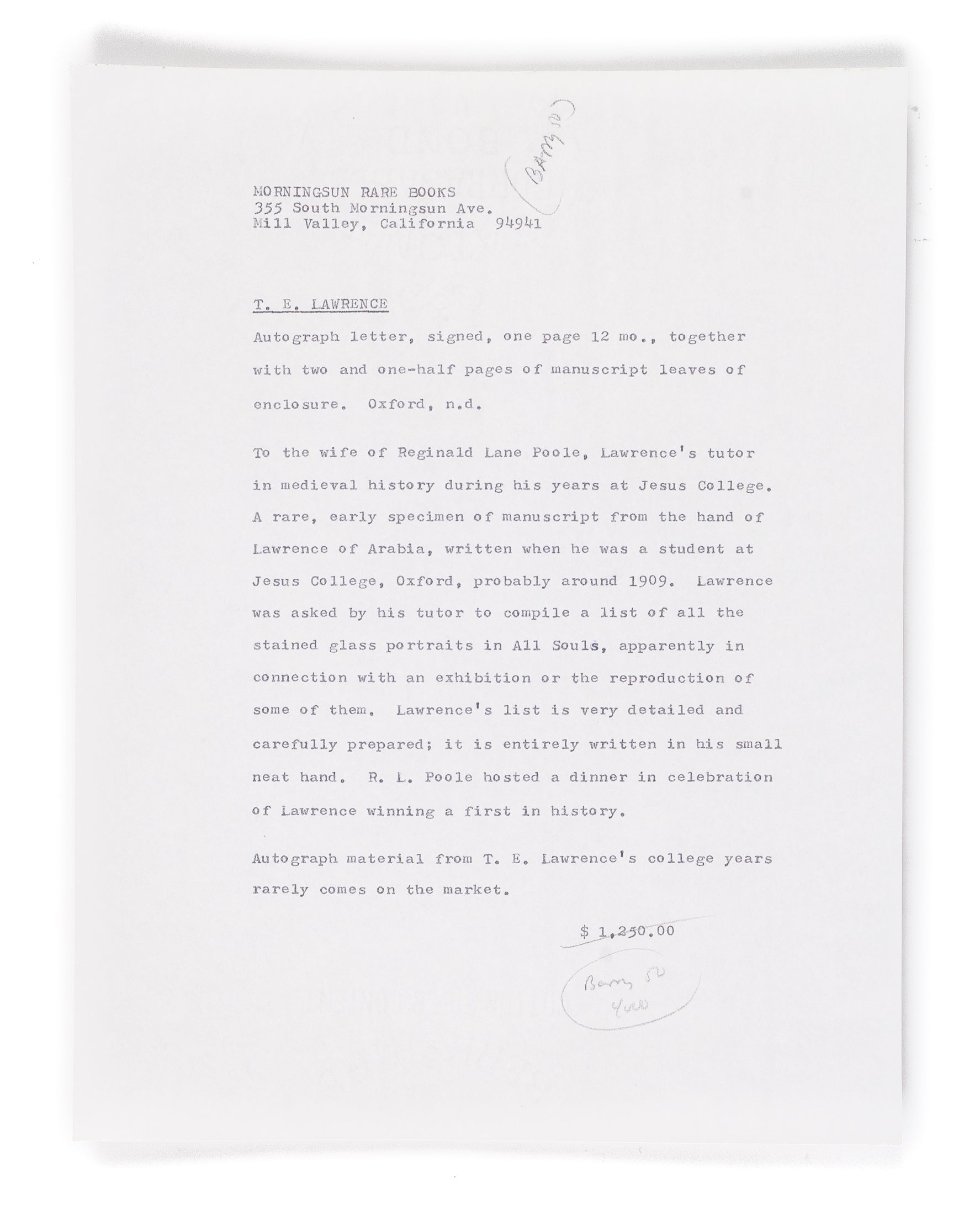 Autograph Letter Signed (T.E. Lawrence), to Mrs Lane Poole.