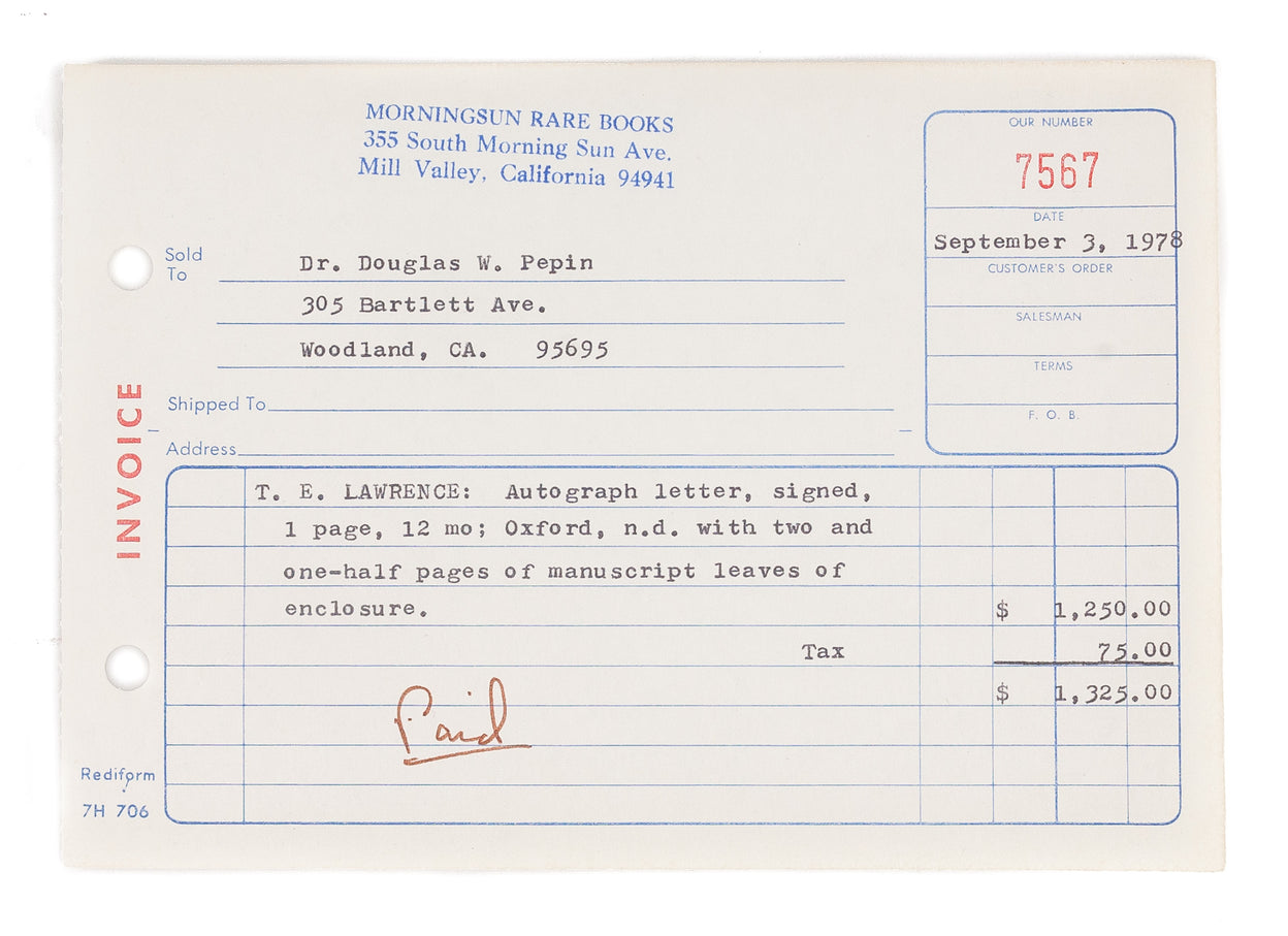 Autograph Letter Signed (T.E. Lawrence), to Mrs Lane Poole.
