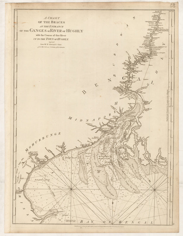 A Chart of the Braces at the Entrance of the Ganges or River of Hughly with the Course of that River up to the Town of Hughly, improved from Mr. D'Anville's Chart ...