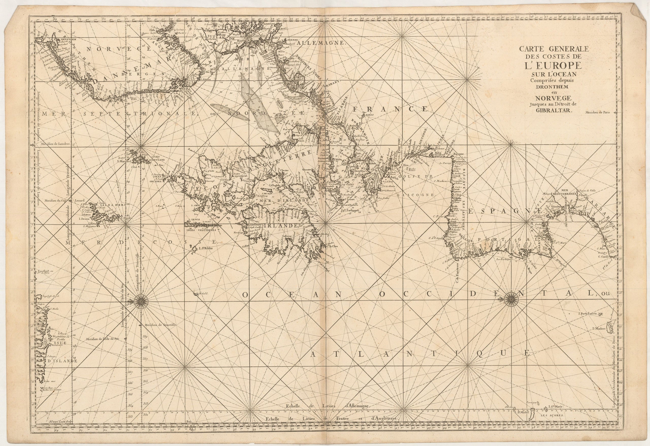 Carte Generale des Costes de l'Europe sur l'Ocean comprises depuis Dronthem en Norvege jusques au Détroit de Gibraltar.