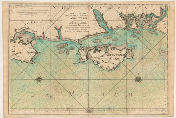 Carte Particuliere des Costes Meridionales d'Angleterre qui comprend l'Isle de Wicht, et le Havre de Portsmouth, avec les autres Isles, Bancs et Costes qui sont entre le Havre de Chichester, et celuy de Pole.