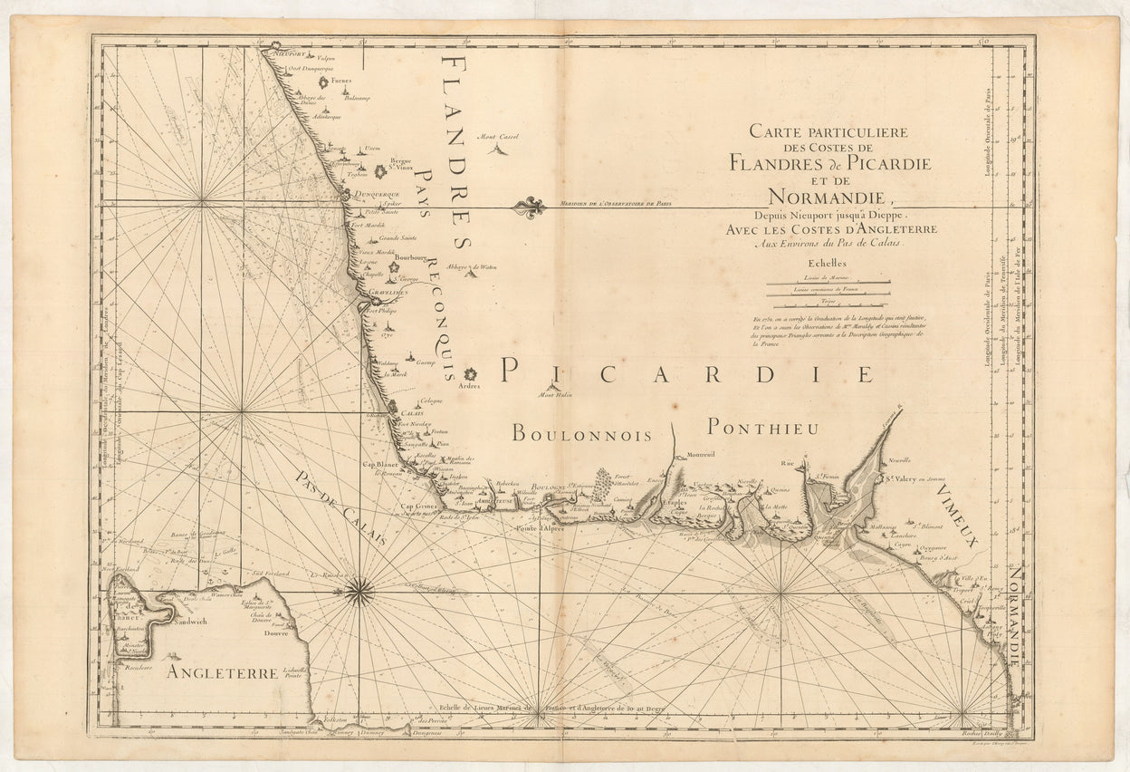 Carte Particuliere des Costes de Flandres de Picardie et de Normandie, depuis Nieuport jusqu'a Dieppe, avec les Costes d'Angleterre aux environs du Pas de Calais.