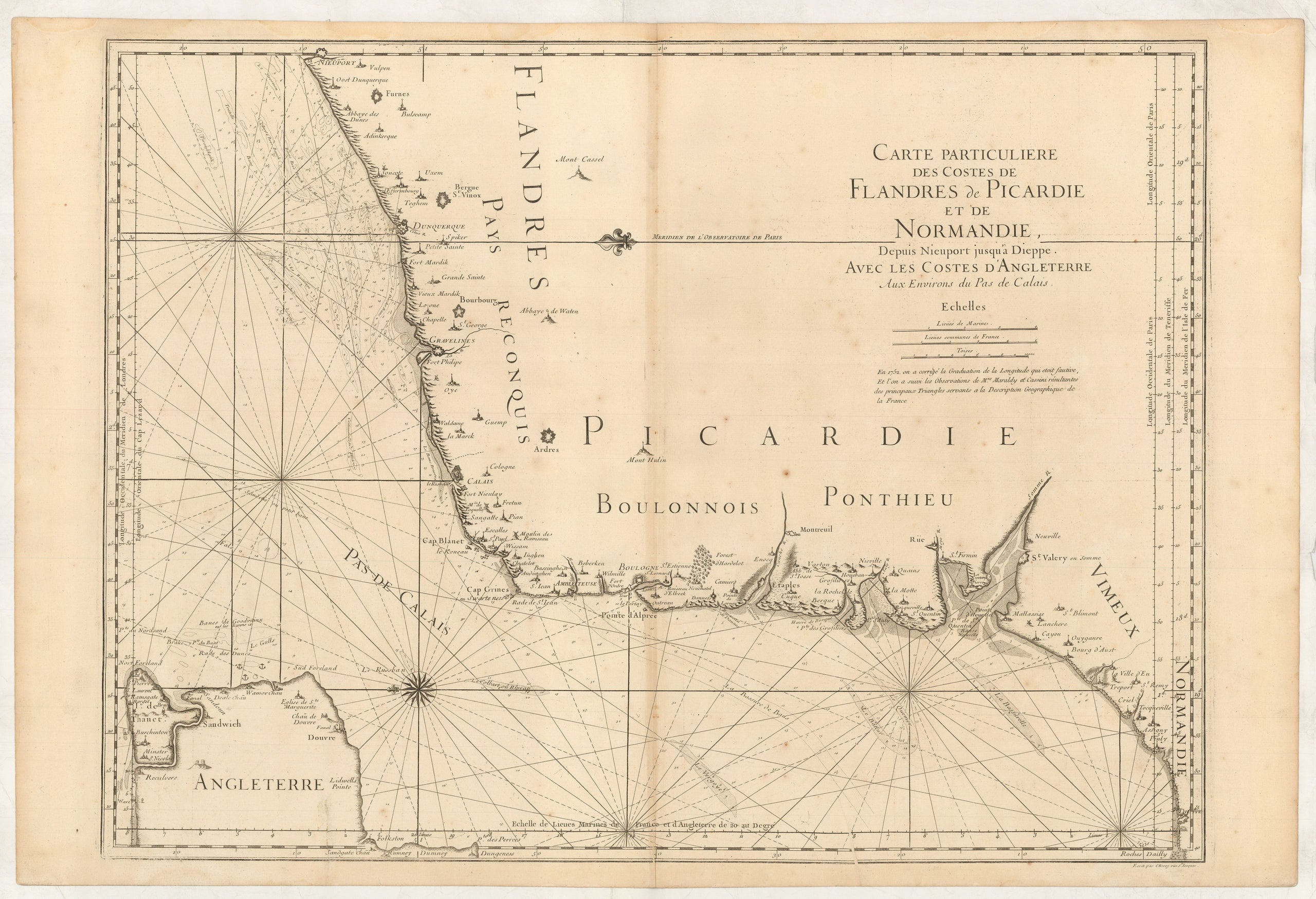 Carte Particuliere des Costes de Flandres de Picardie et de Normandie, depuis Nieuport jusqu'a Dieppe, avec les Costes d'Angleterre aux environs du Pas de Calais.