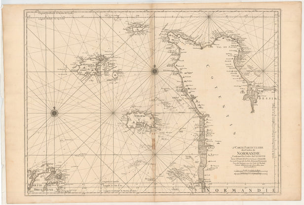 2me. Carte Particuliere des Costes de Normandie contenant des costes du Cotenin depuis la Pointe de la Percée jusqu'a Granville ou sont compris les Isles de Jerzey, Grenezey, Cers, & Aurigny, avec les Isles de Brehat ...