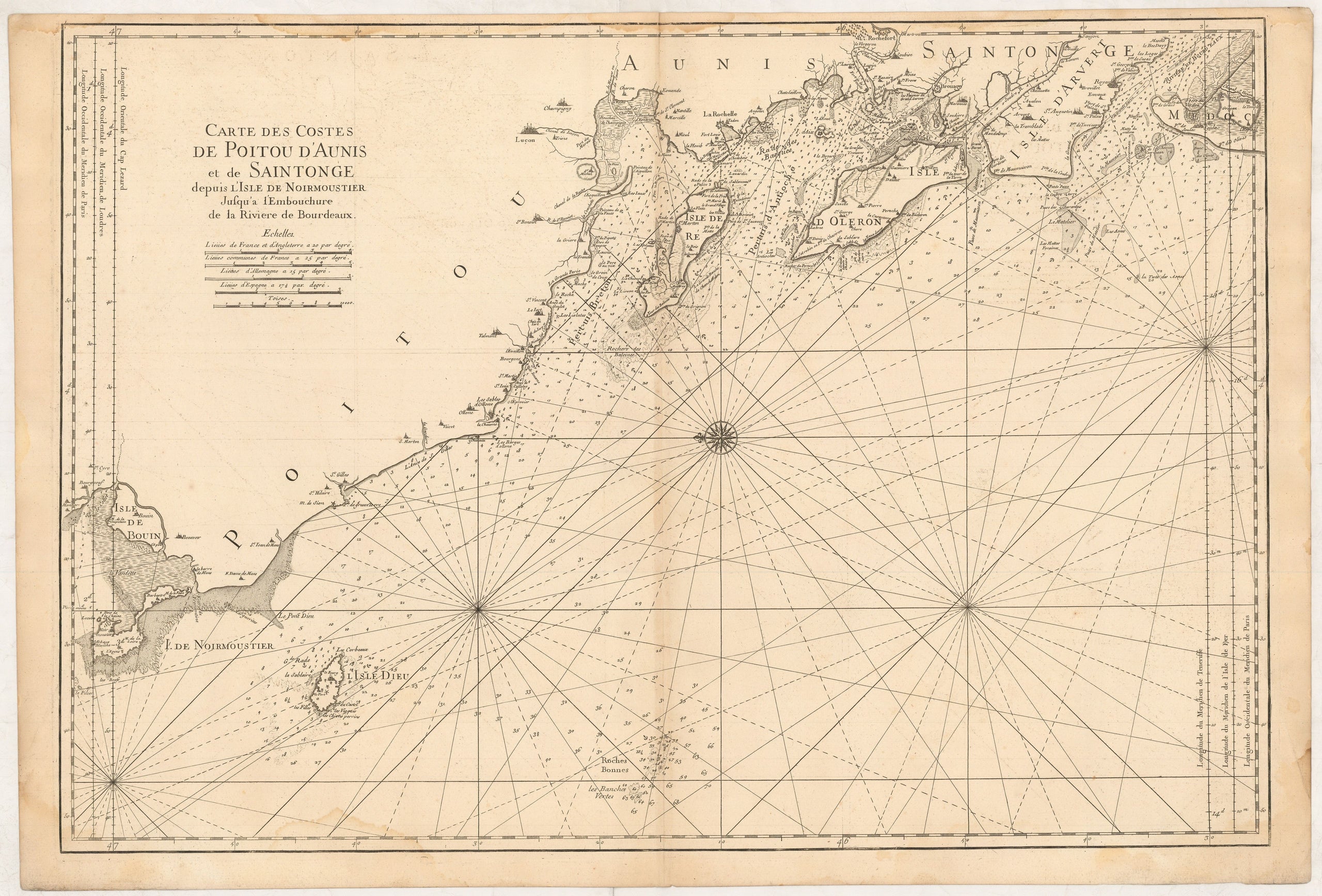 Carte des Costes de Poitou, d'Aunis et de Saintonge depuis l'Isle de Noirmoustier jusqu'a l'Embouchure de la Riviere de Bourdeaux ...