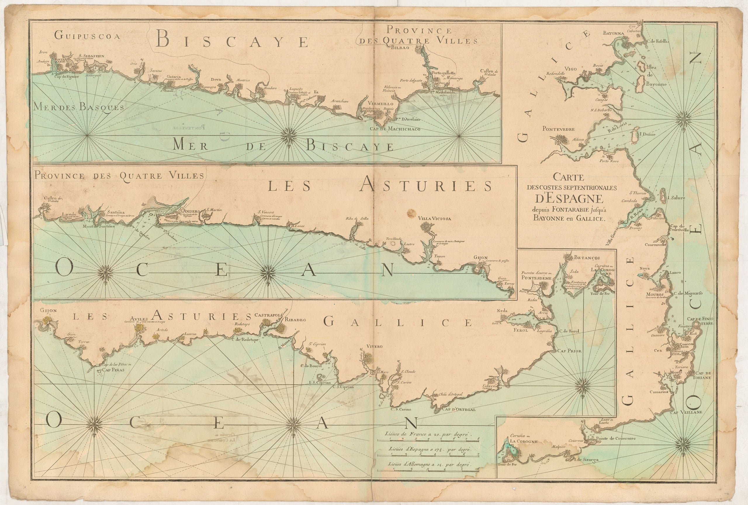Carte des Costes Septentrionalles d'Espagne depuis Fontarabie jusqu'a Bayonne en Gallice.