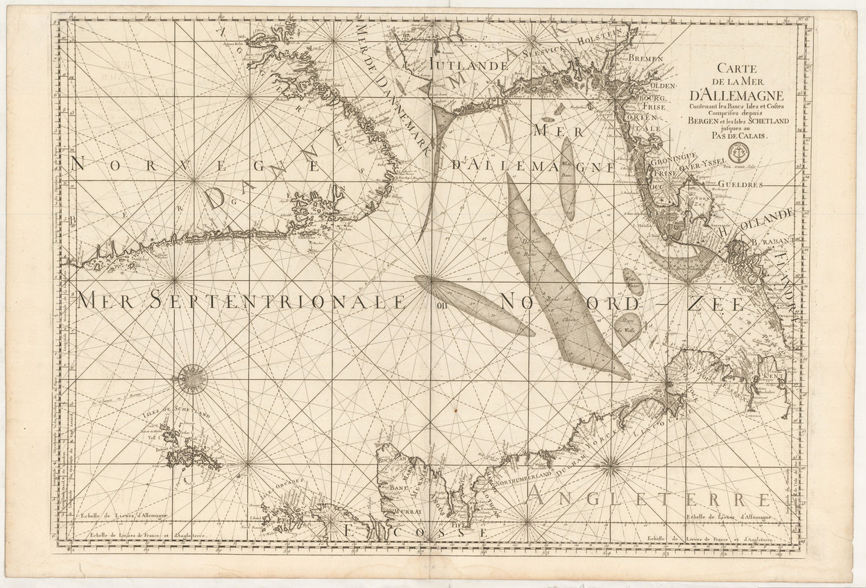 Carte de la Mer d'Allemagne contenant les Bancs Isles et Costes comprises depuis Bergen et les Isles Schetland jusques au Pas de Calais.