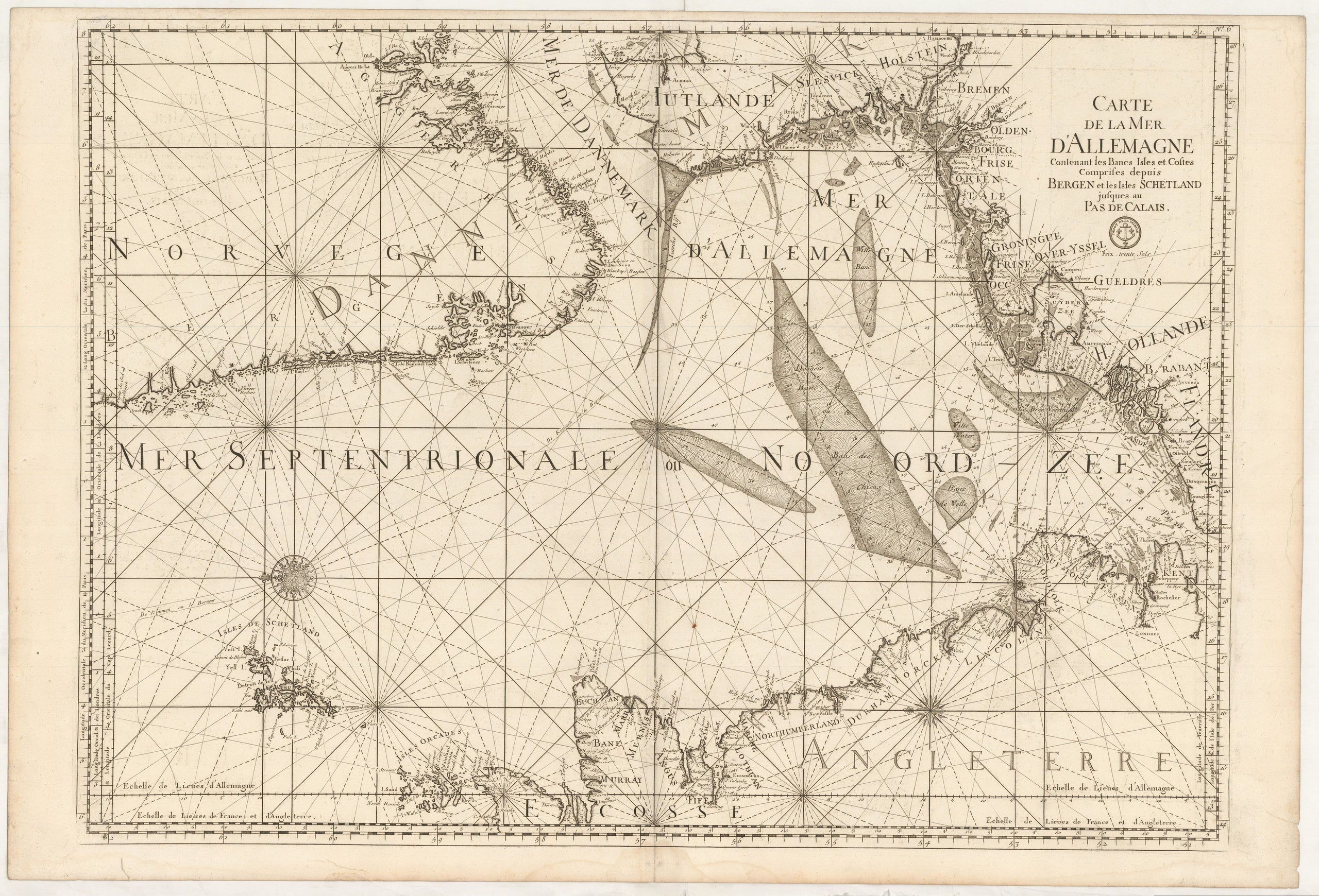 Carte de la Mer d'Allemagne contenant les Bancs Isles et Costes comprises depuis Bergen et les Isles Schetland jusques au Pas de Calais.