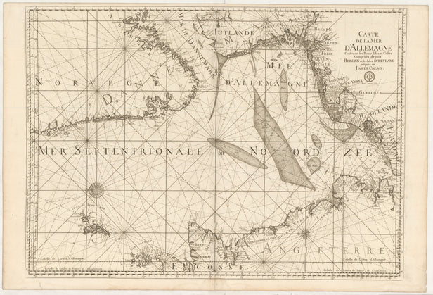 Carte de la Mer d'Allemagne contenant les Bancs Isles et Costes comprises depuis Bergen et les Isles Schetland jusques au Pas de Calais.