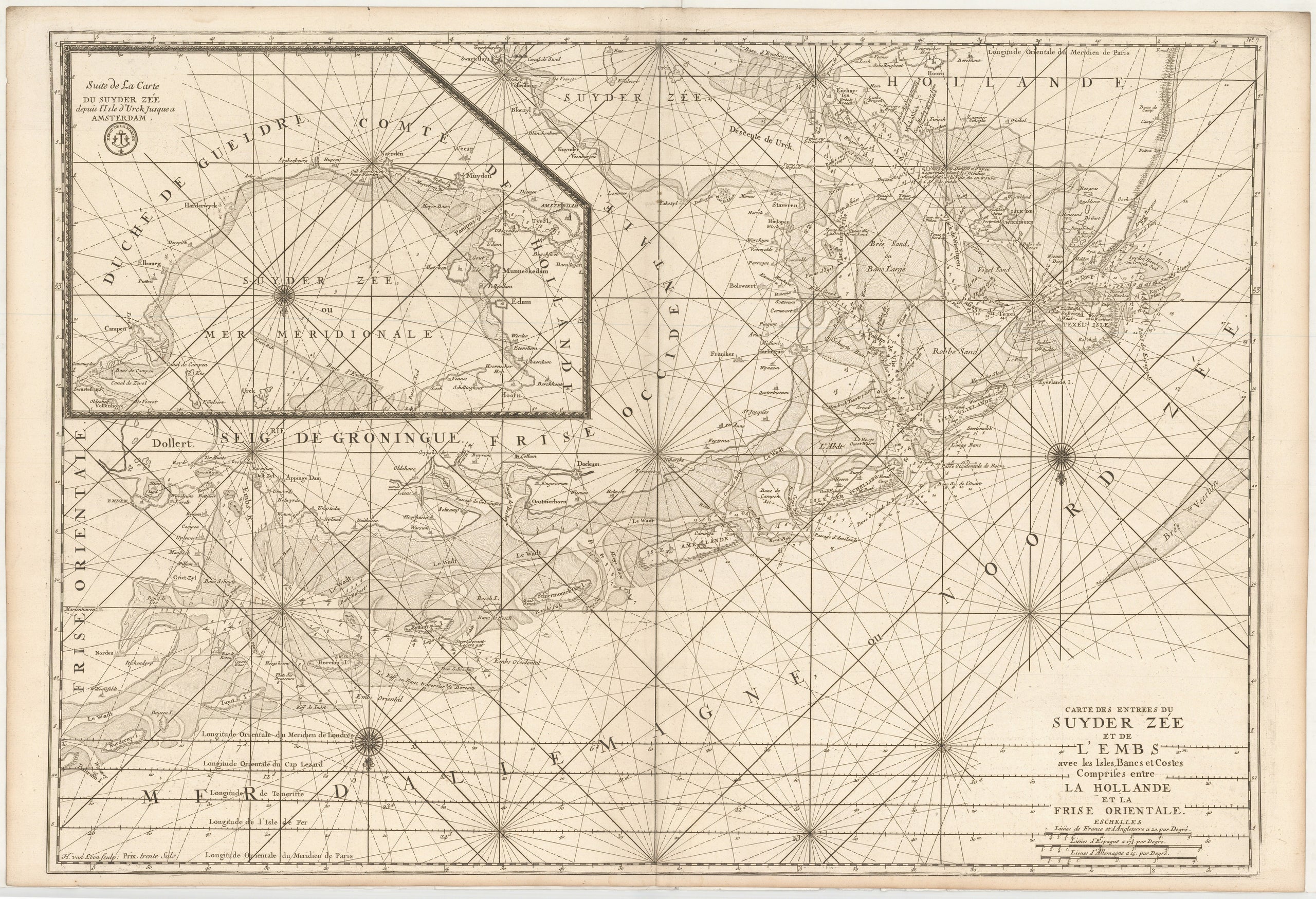 Carte des Entres du Suyder Zée et de l'Embs avec les Isles, Bancs, et Costes Comprises entre La Hollande et la Frise Orientale