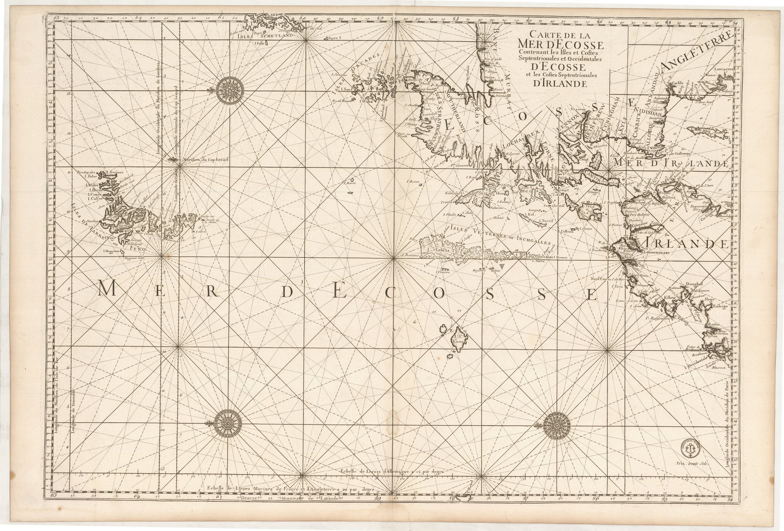 Carte de la Mer d'Ecosse contenant les Isles et Costes Septentrionales et Occidentales d'Ecosse et les Costes Septentrionales d'Irlande