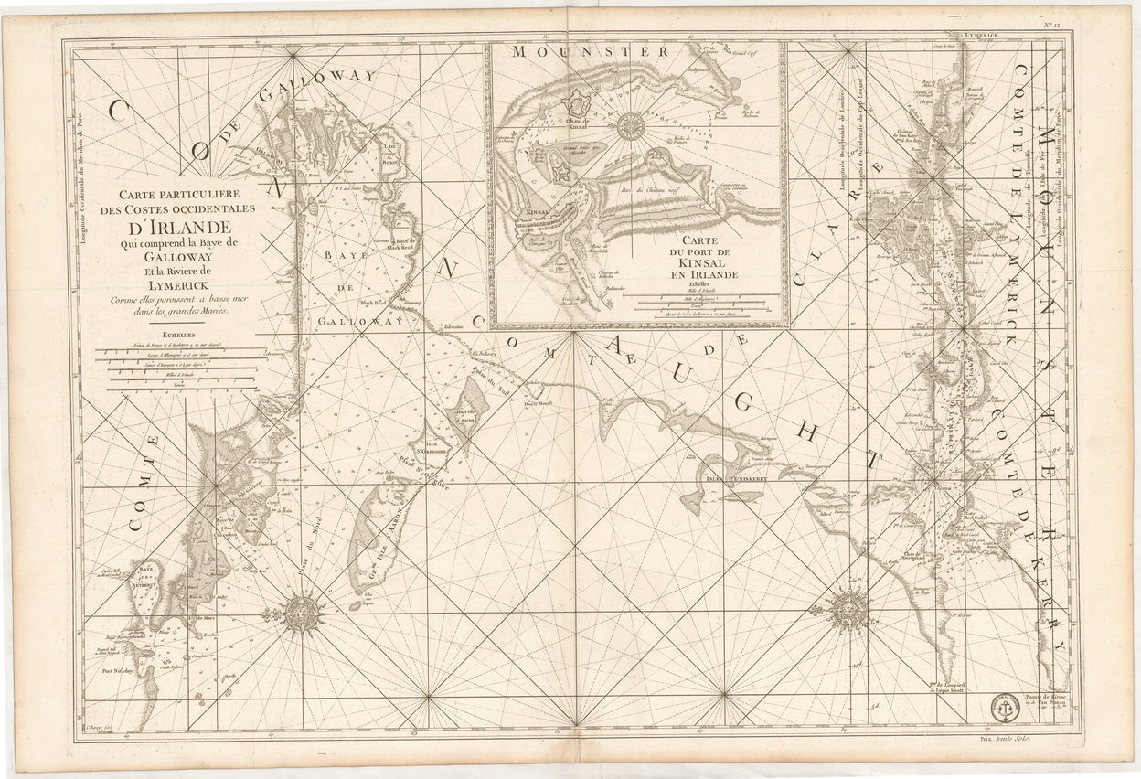 Carte Particuliere des Costes Occidentales d'Irlande qui comprend la Baye de Galloway et la Riviere de Lymerick commes elles paroissent a basse mer dans les grandes Marées.