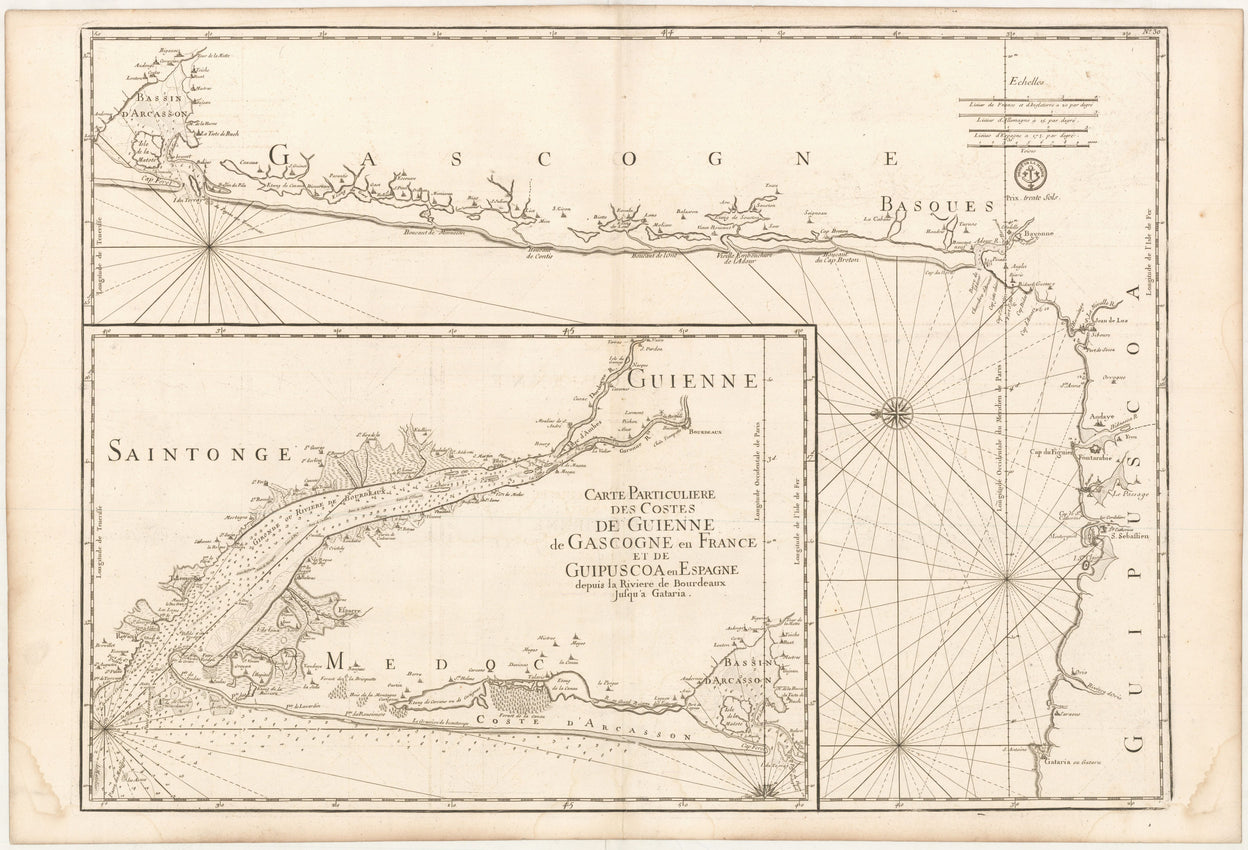 Carte Particuliere des Costes de Guienne de Gascogne en France et de Guipscoa en Espagne deupis la Riviere de Bourdeaux jusqu'a Gataria.