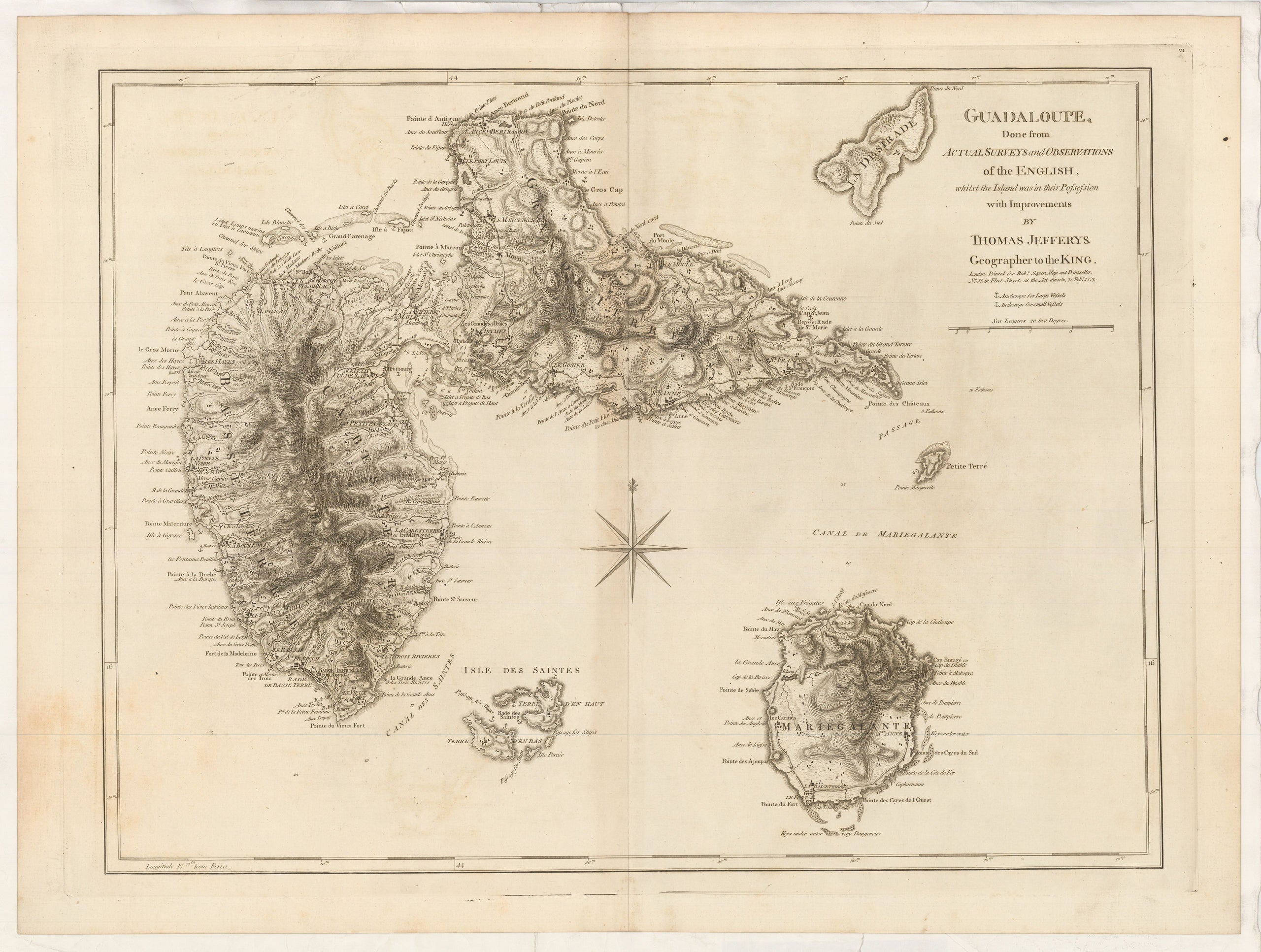 Guadeloupe done from Actual Surveys and Observations of the English, whilst the island was in their Possession with improvements ...