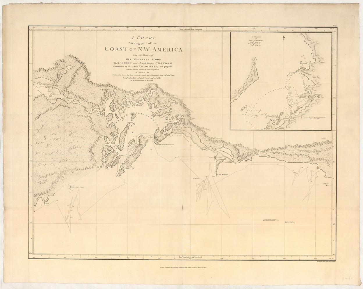 A Chart shewing part of the Coast of N.W. America, with the Tracks of His Majesty's Sloop Discovery and Armed Tender Chatham; Commanded by George Vancouver Esqr. and prepared under his immediate inspection by Lieut. Joseph Baker, in which the Continental