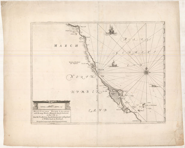 Holy=Island, Fairn=Islands with the many Rocks & Hazards that ly Scattered in that sea: And the Coast from Sutherland point in England to St. Abb's-head in Scotland Surveyed and navigat'd by Io: Adair Geographr for Scotland.