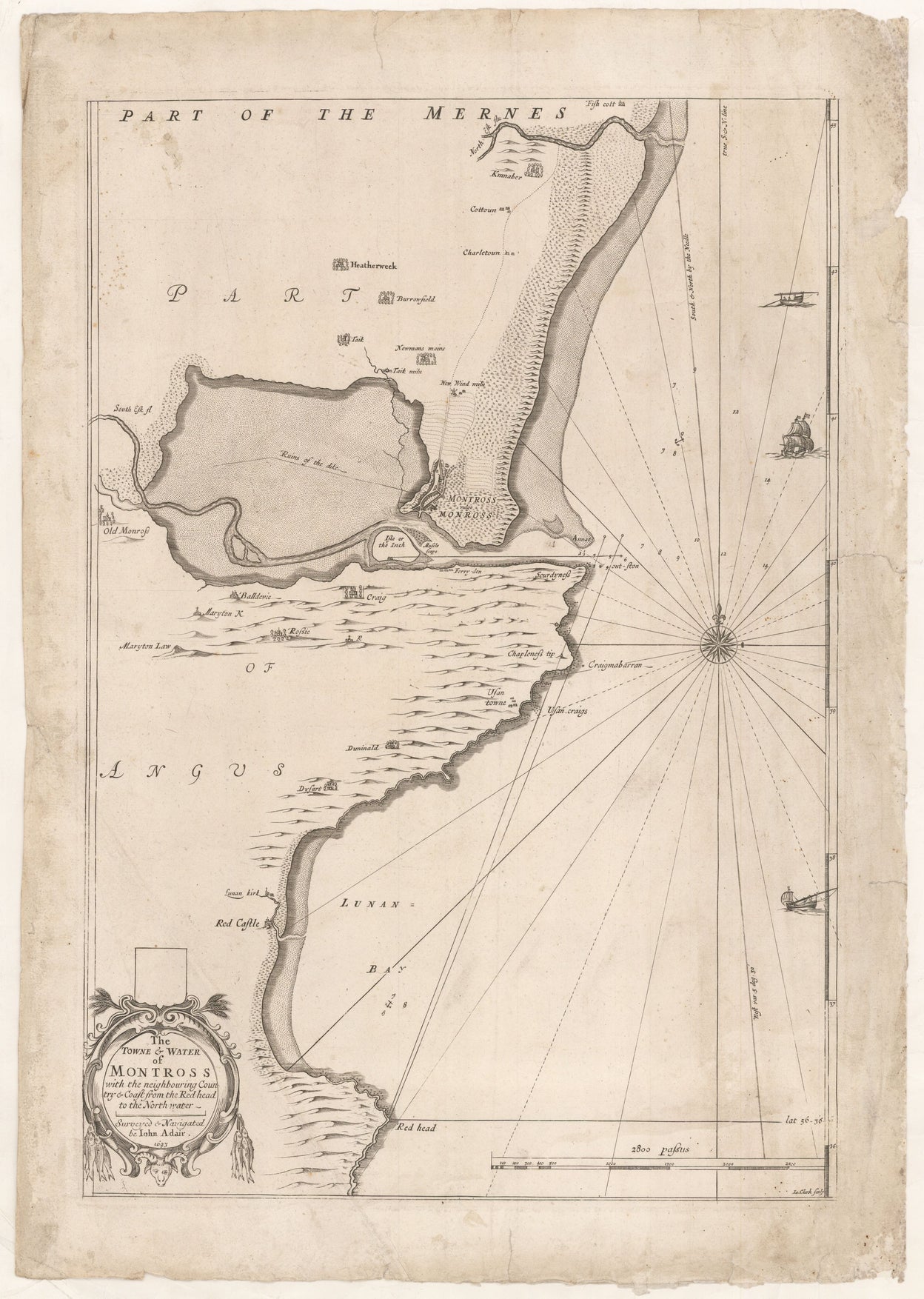 The Towne & Water of Montross with the neighbouring Country & Coast from the Red=head to the Northwater Surveyed & Navigated be Iohn Adair. 1693.