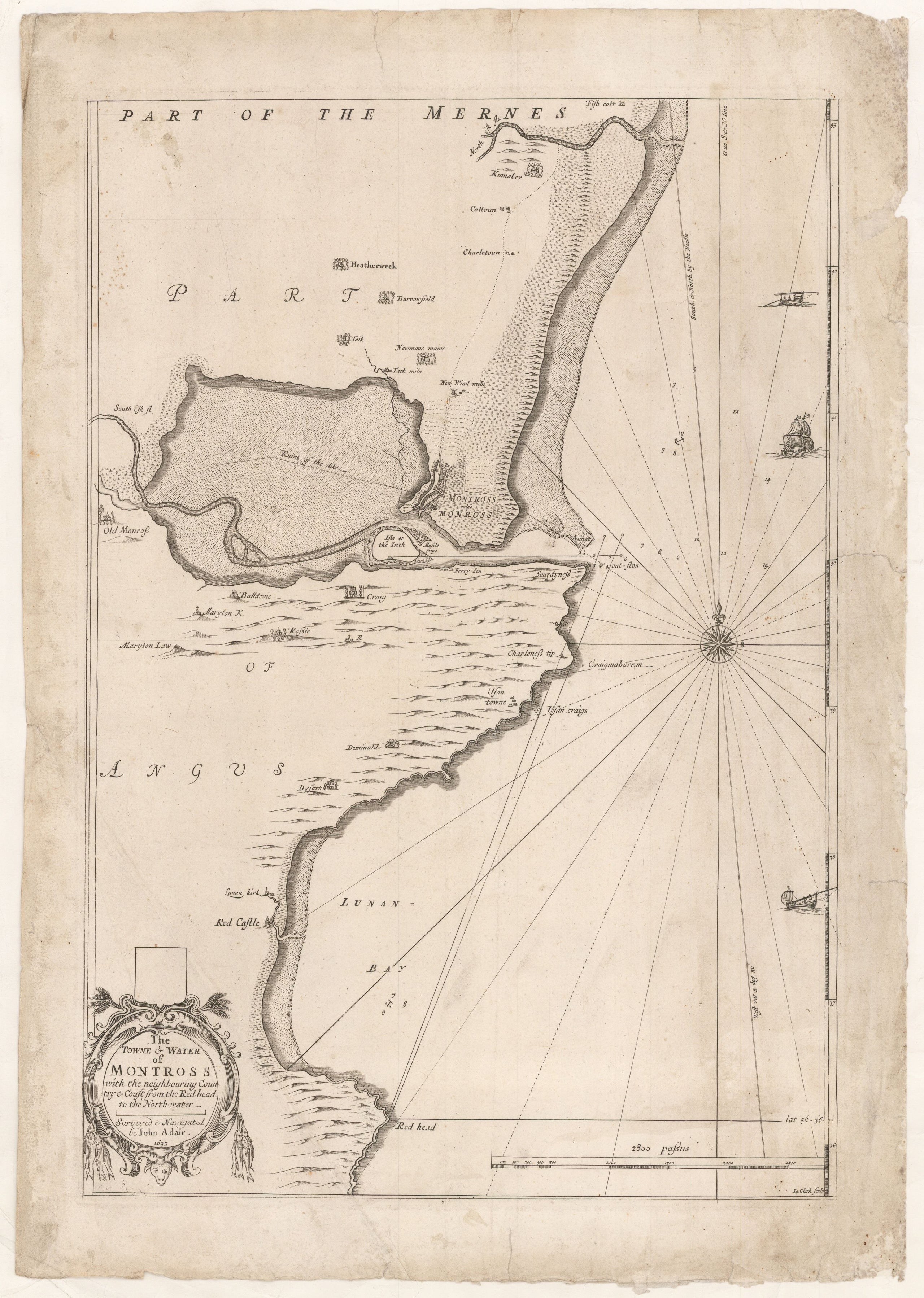 The Towne & Water of Montross with the neighbouring Country & Coast from the Red=head to the Northwater Surveyed & Navigated be Iohn Adair. 1693.