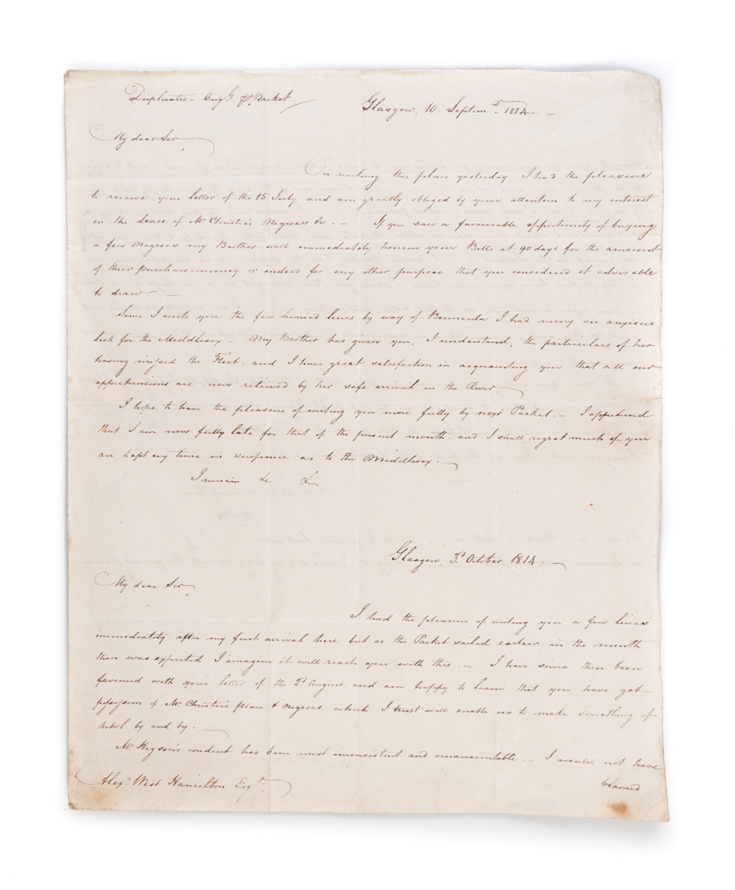 ALS preceded by duplicate ALS to Alexander West Hamilton Esq, Jamaica, concerning the purchase of slaves and management of plantations in the West Indies.