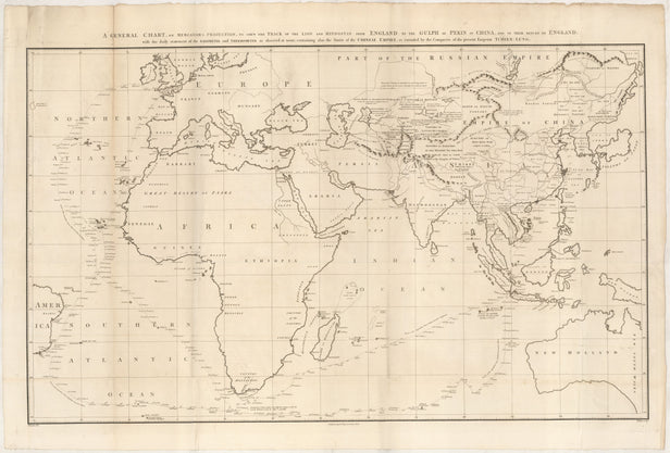 A General Chart, on Mercator's Projection, to shew the track of the Lion and Hindostan from England to the Gulph of Pekin in China, and of their return to England ...