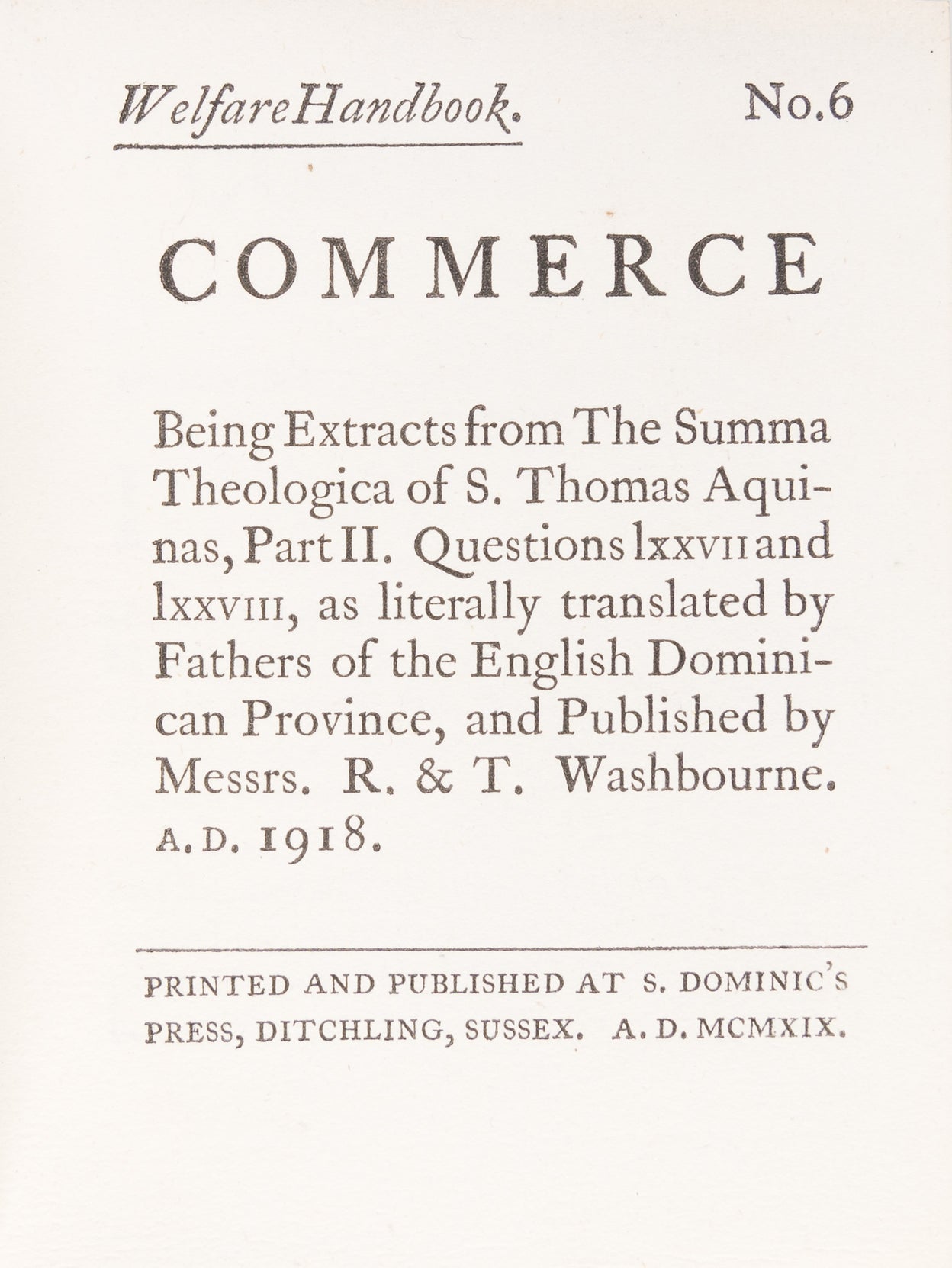 Commerce being Extracts from the Summa Theologica of S. Thomas Aquinas.