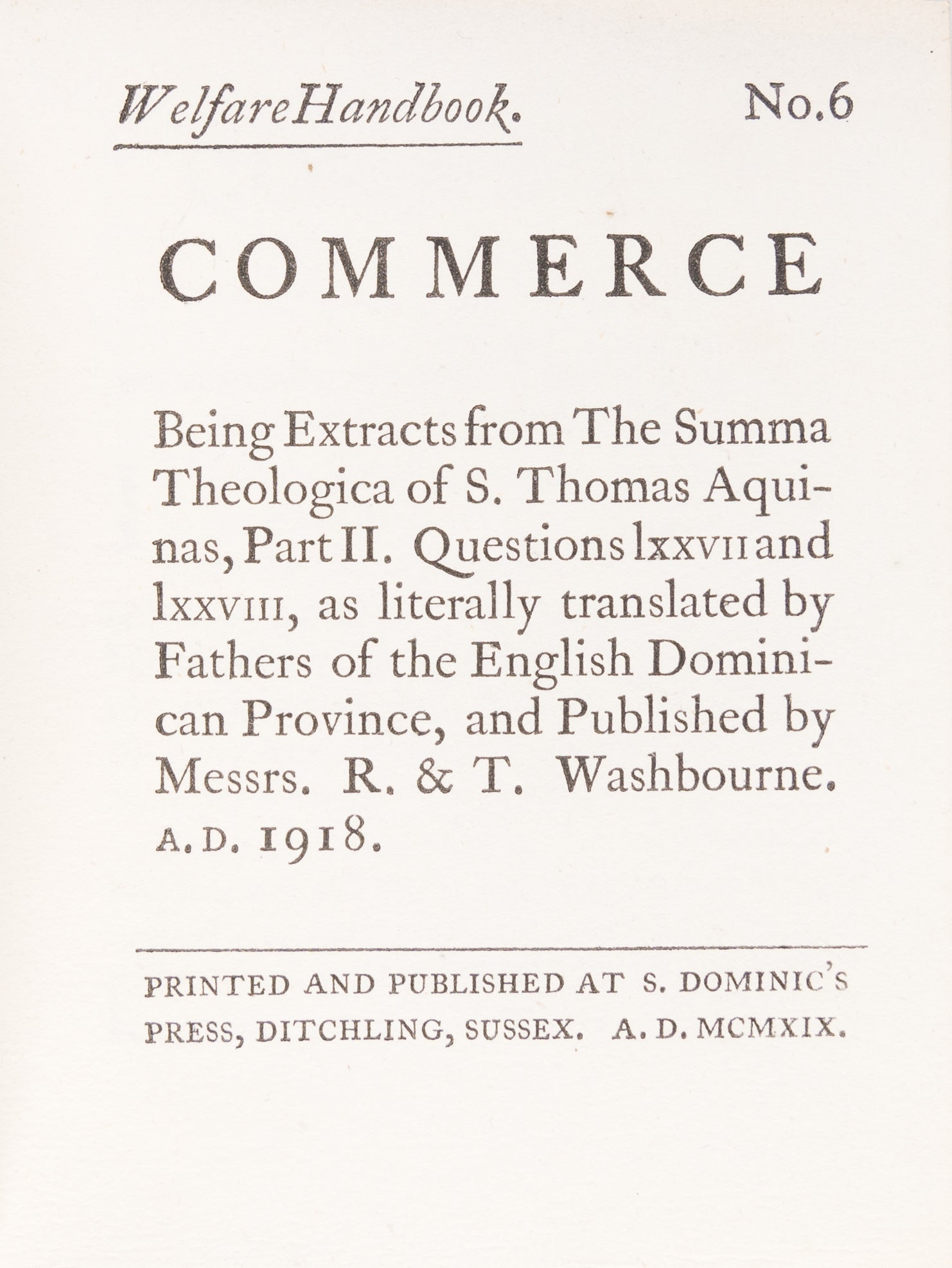 Commerce being Extracts from the Summa Theologica of S. Thomas Aquinas.