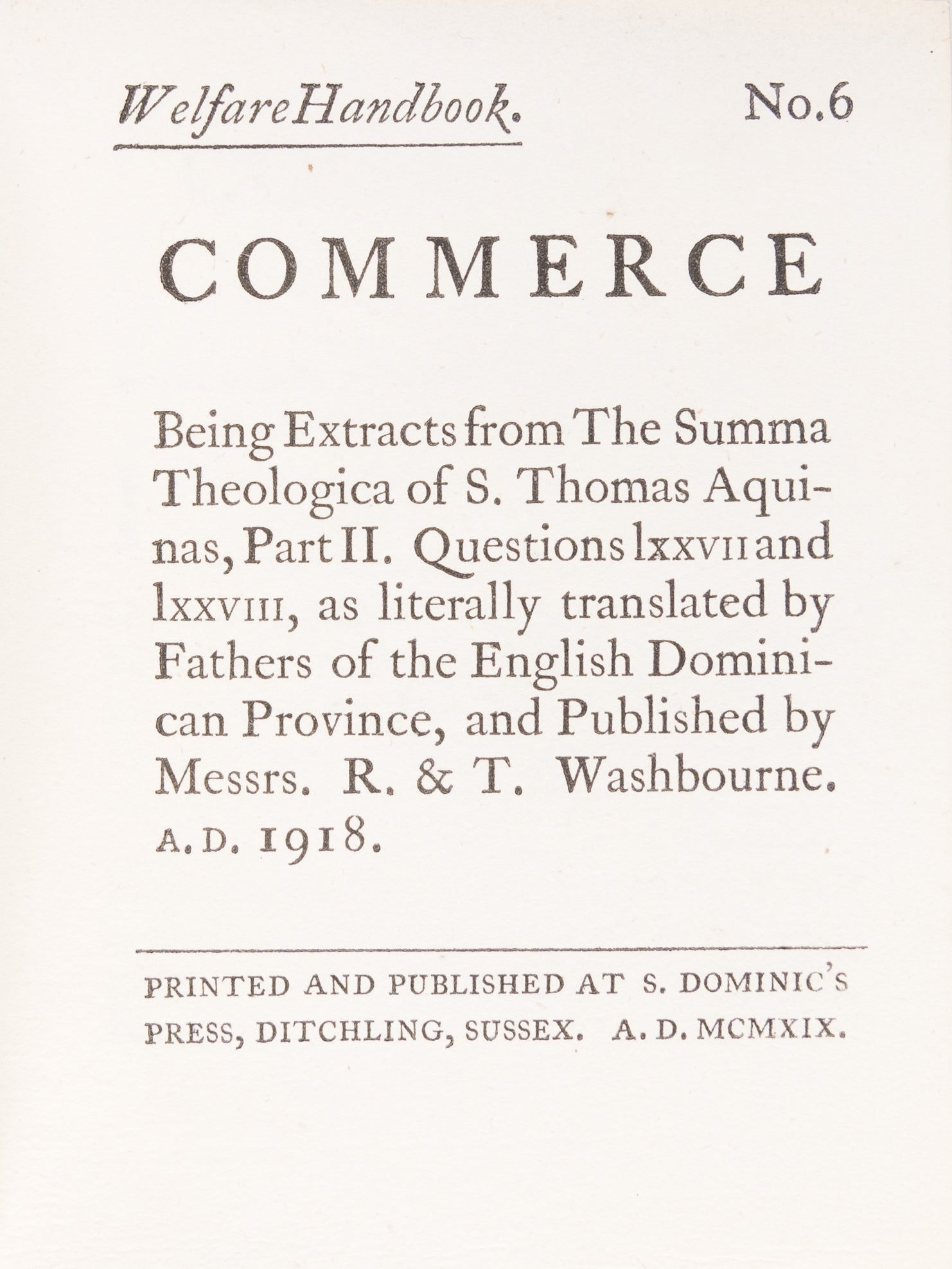 Commerce being Extracts from the Summa Theologica of S. Thomas Aquinas.