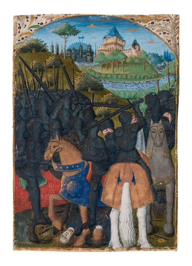 The defeat of Antiochus, King of Syria, at the battle of Magnesia, cut from the Romuléon, an illuminated manuscript on vellum