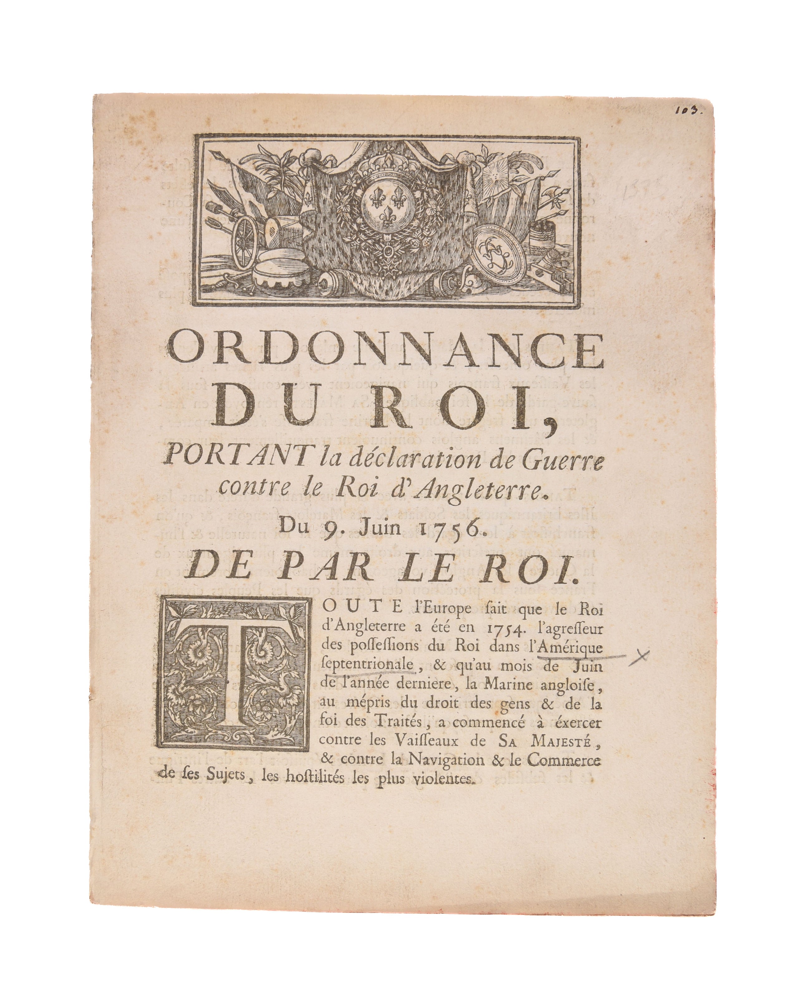 Ordonnance du roi, Portant la déclaration de Guerre contre le Roi d'Angleterre. Du 9 Juin 1756.