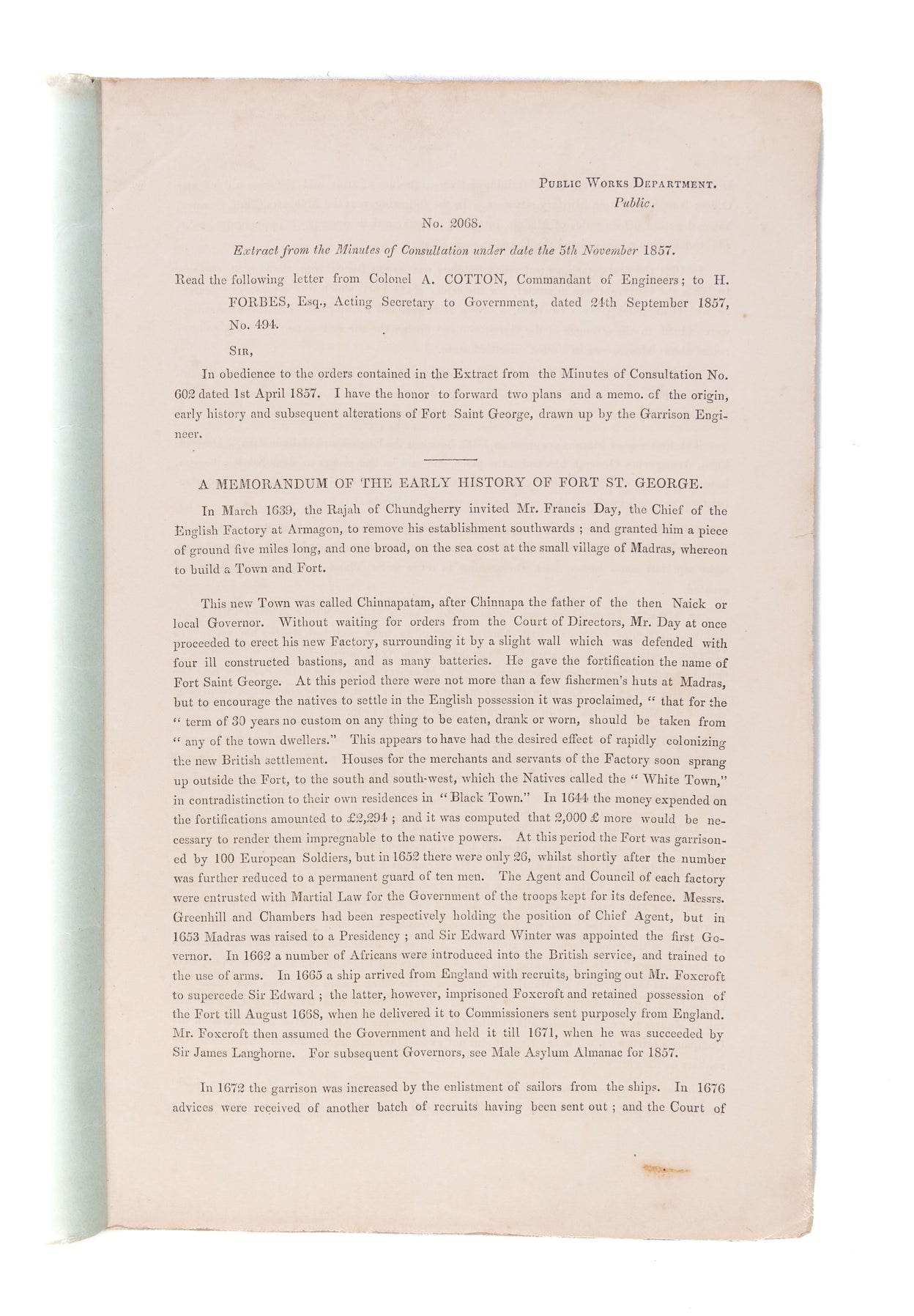 A memorandum of the early history of Fort St. George.