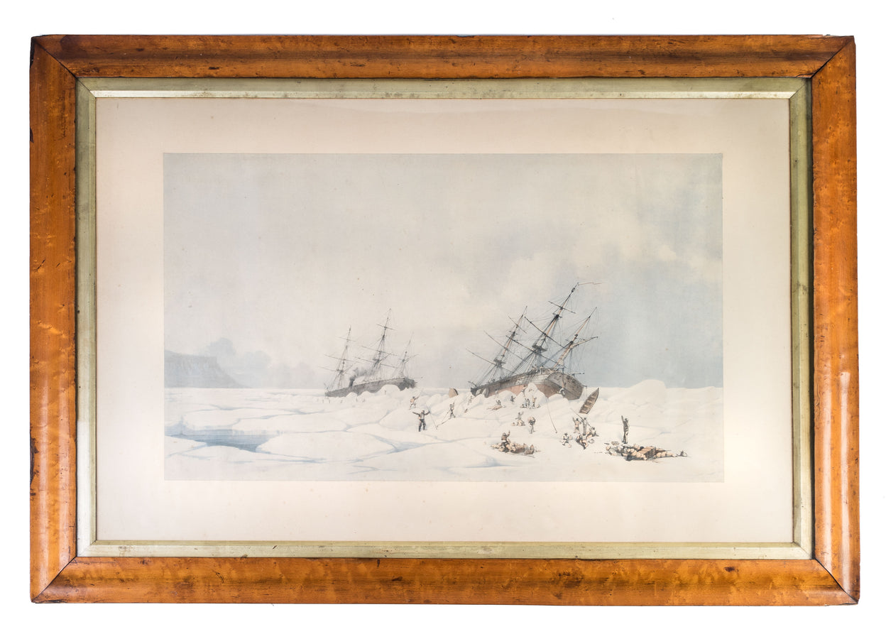 [HMS Phoenix and the Breadalbane at the moment when the latter was crushed and sunk. The field of ice, easing off from the Phoenix passed astern to the Breadalbane, and entering her bow, she filled and sank in less than 15 minutes, in 30 fathoms of water.