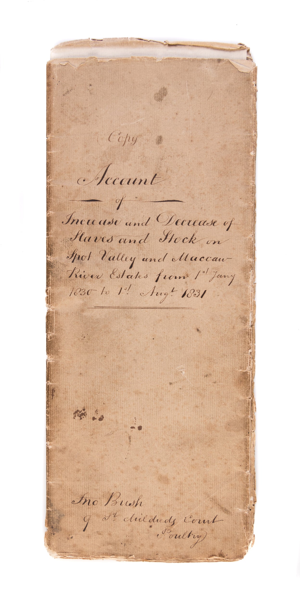 Account of Increase and Decrease of Slaves and Stock on Spot Valley and Maccaw-River Estates from 1st January 1830 to 1st August 1831.