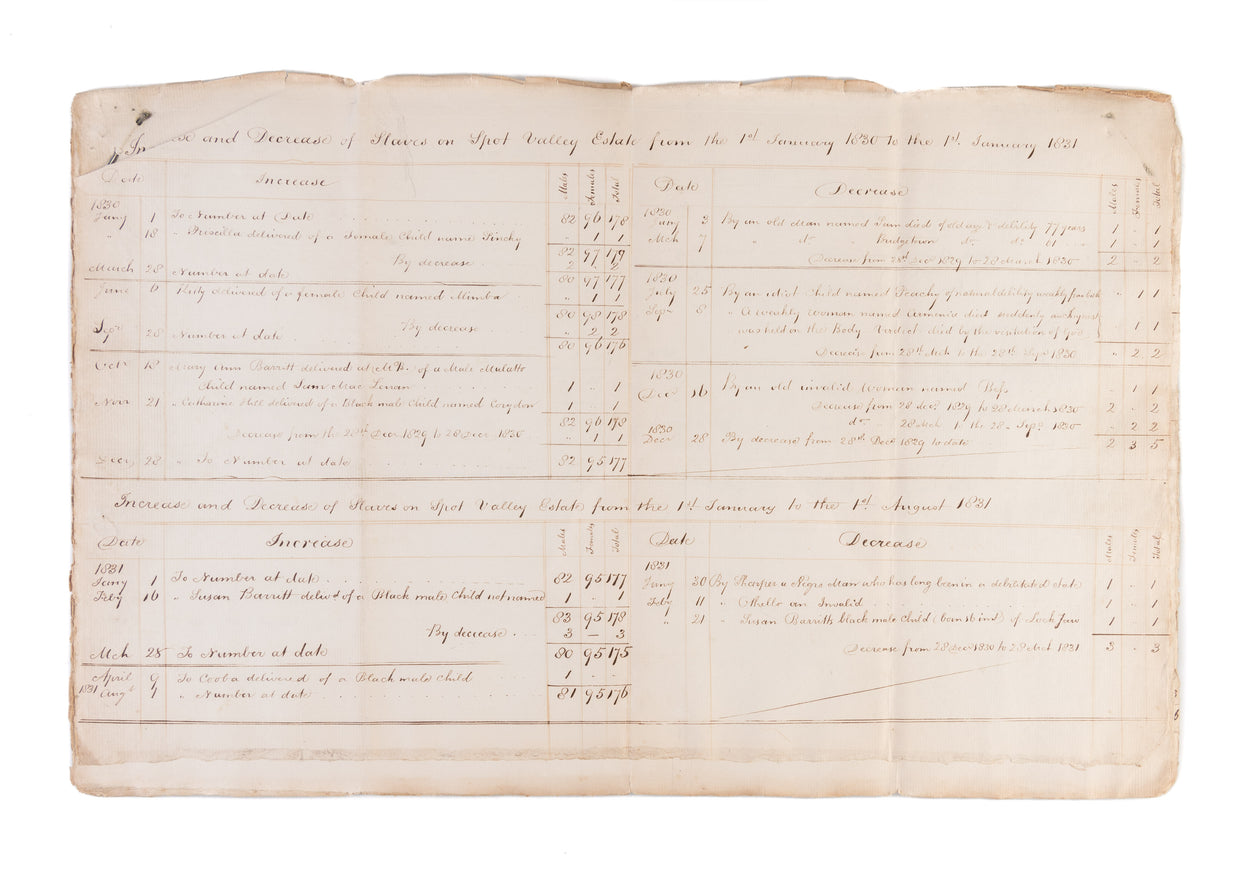 Account of Increase and Decrease of Slaves and Stock on Spot Valley and Maccaw-River Estates from 1st January 1830 to 1st August 1831.