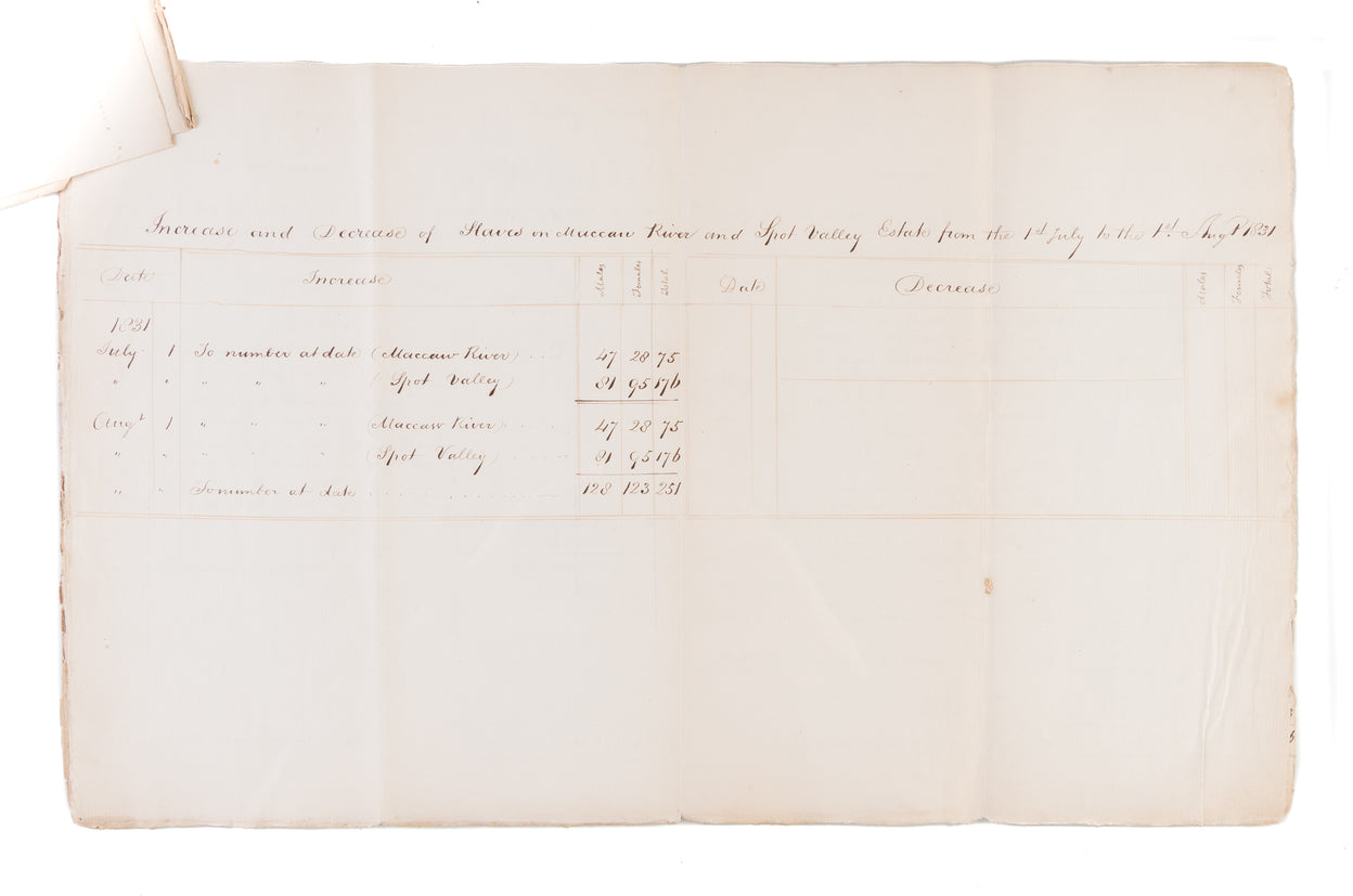 Account of Increase and Decrease of Slaves and Stock on Spot Valley and Maccaw-River Estates from 1st January 1830 to 1st August 1831.