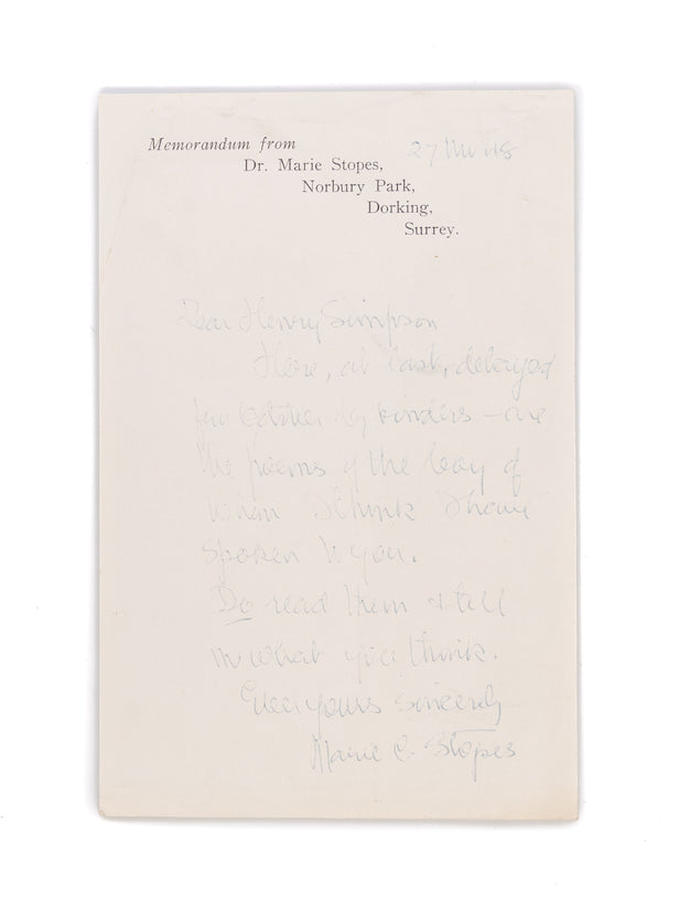 Autograph Letter Signed (“Marie C. Stopes”) to Henry Simpson [banker and poet, and President of the Poets Club],