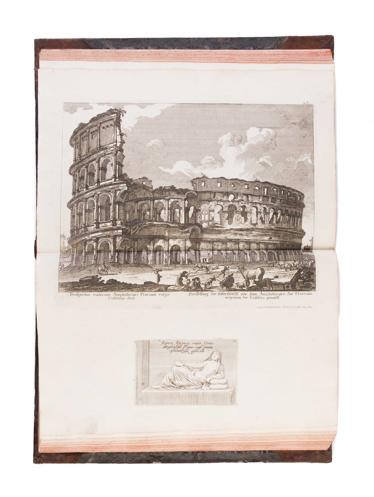 Denkmäler des Alten Roms oder Sammlung der vornehmsten und noch in Rom vorhandenen Alterthümer nach Barbaults Zeichnung nebst einer Erklärung derselben aus dem Französischen übersetzt....
Augsburg,(Georg Christoph Kilian), 1767.