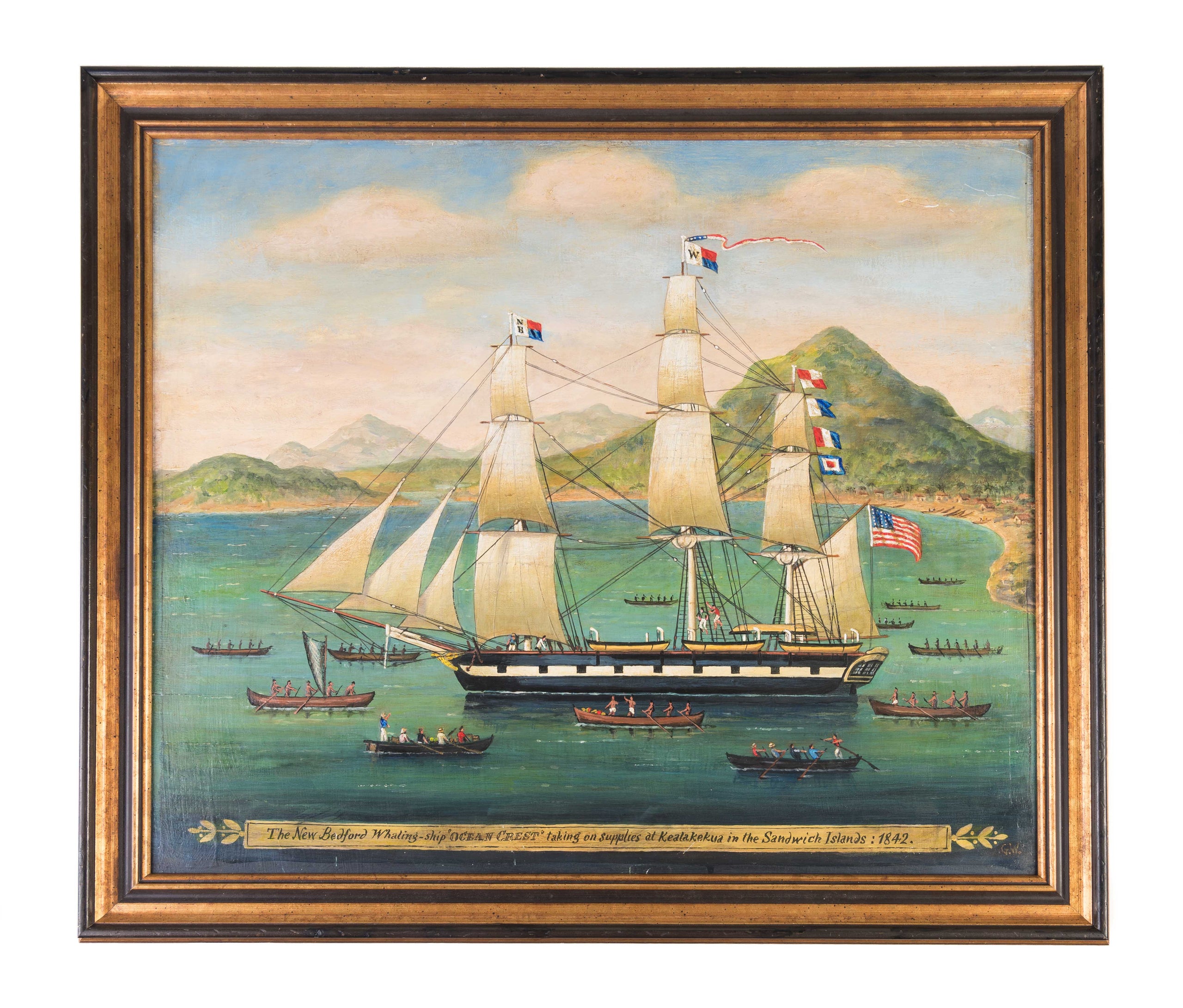 New Bedford Whaling Ship 'Ocean Crest' taking on supplies at Kealakekua in Sandwich Islands 1842.