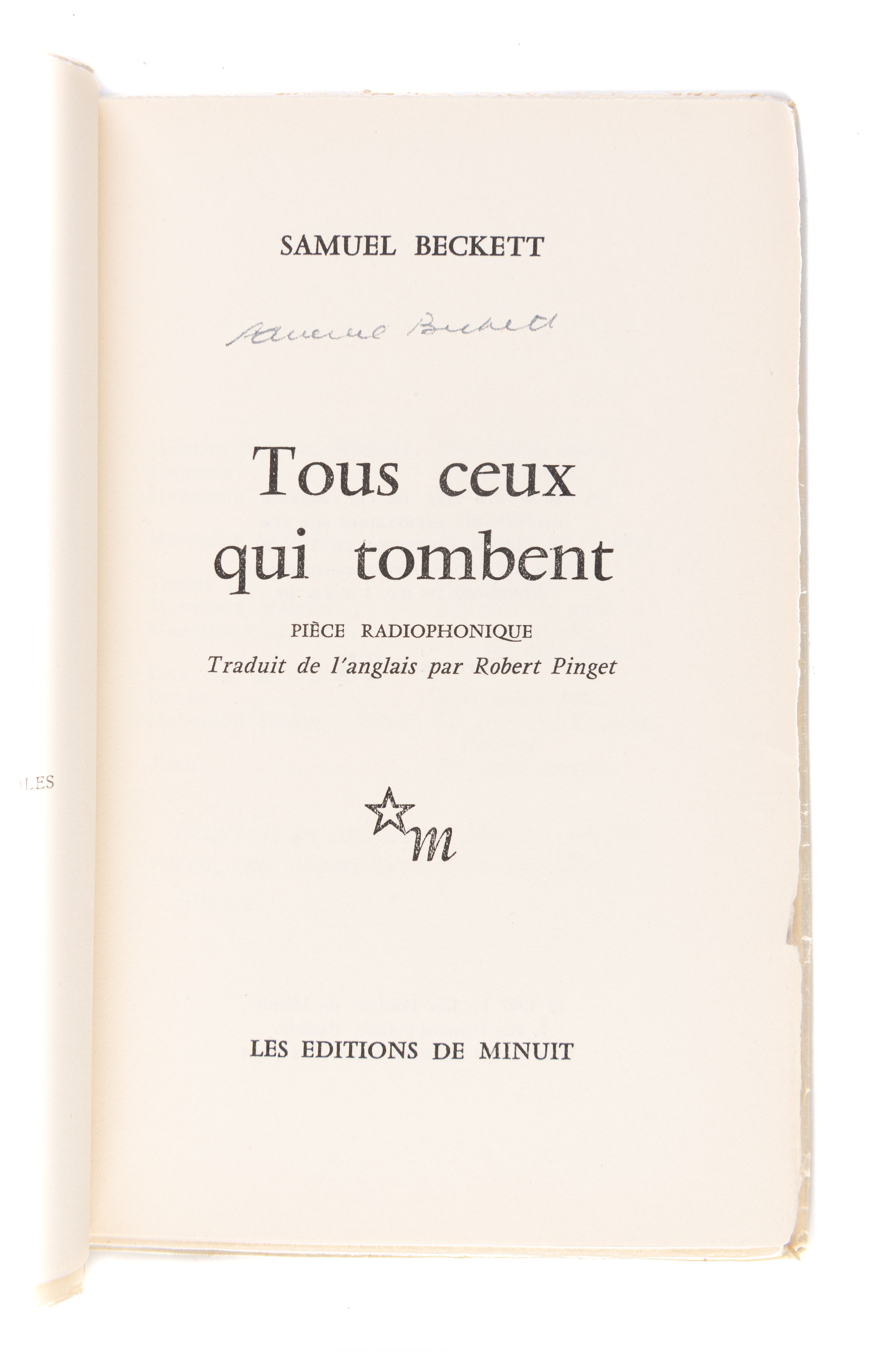 Tous Ceux Qui Tombent. Piéce Radiophonique. Traduit de l'anglais par Robert Pinget.