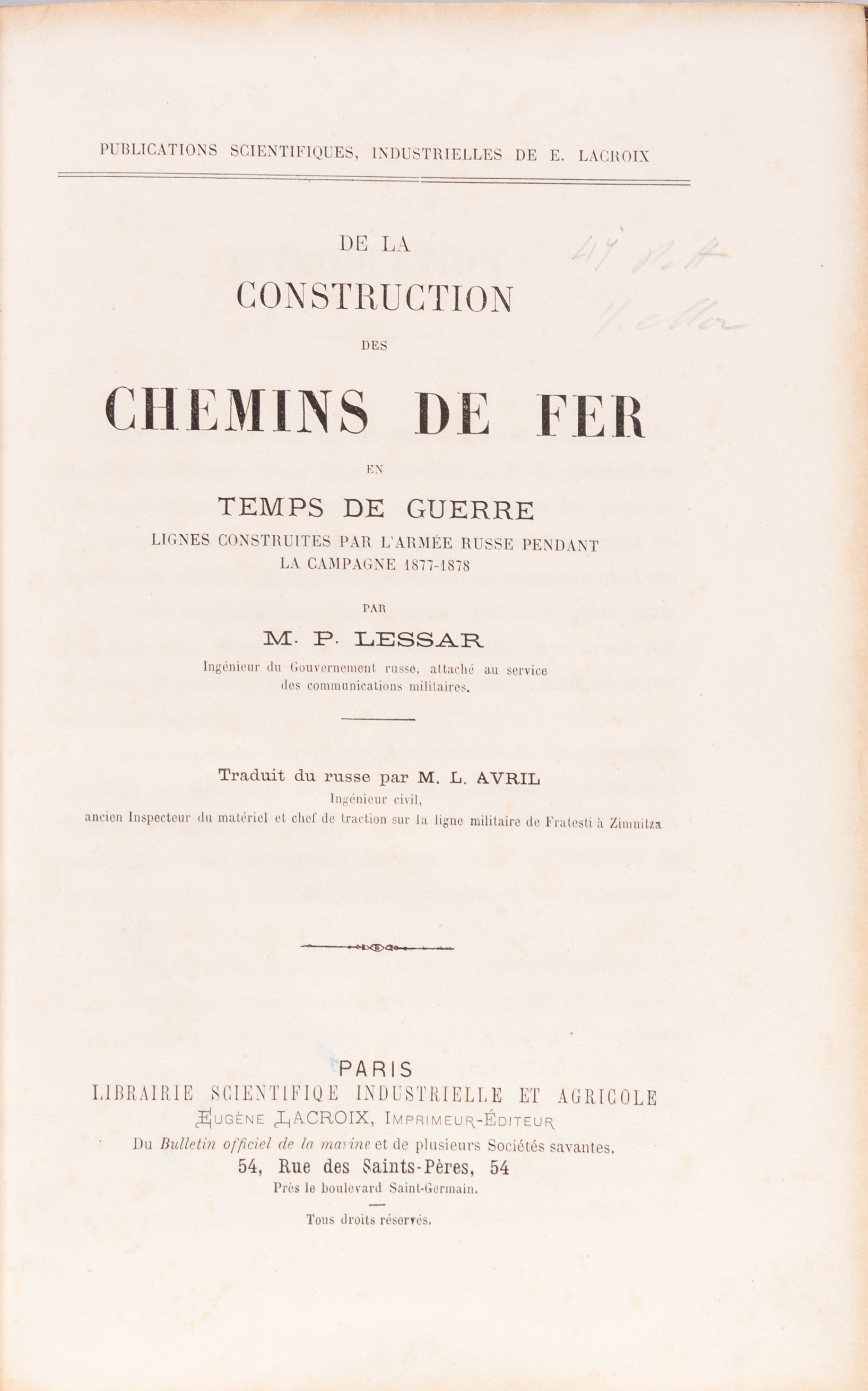 De La Construction des Chemins der Fer en Temps de Guerre Lignes construites par l'armée Russe pendant la campagne 1877-78
