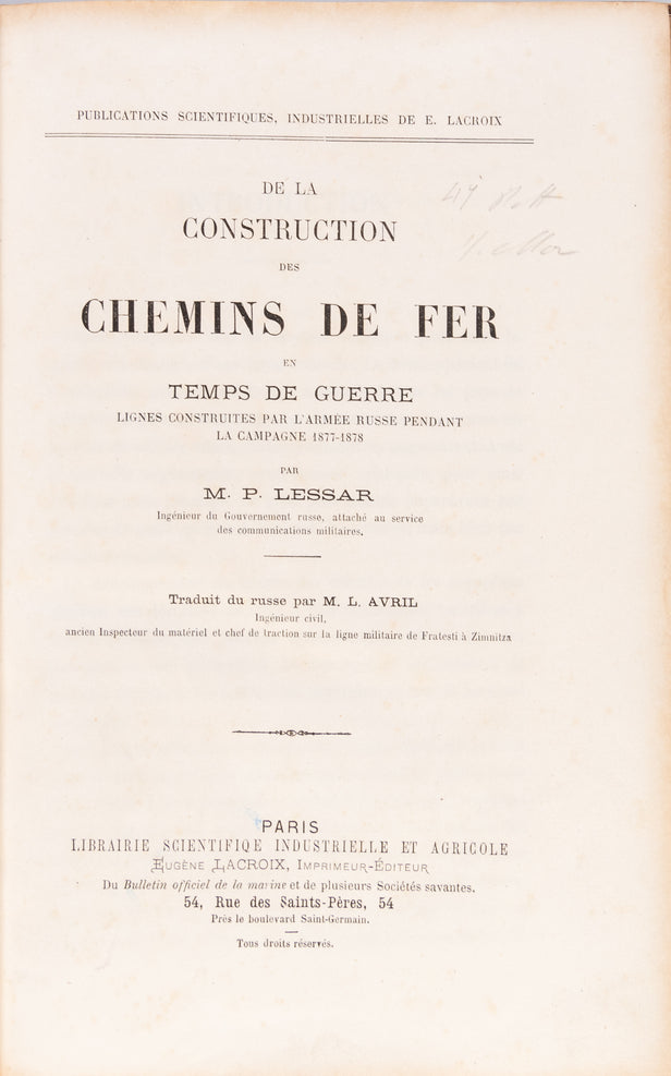 De La Construction des Chemins der Fer en Temps de Guerre Lignes construites par l'armée Russe pendant la campagne 1877-78