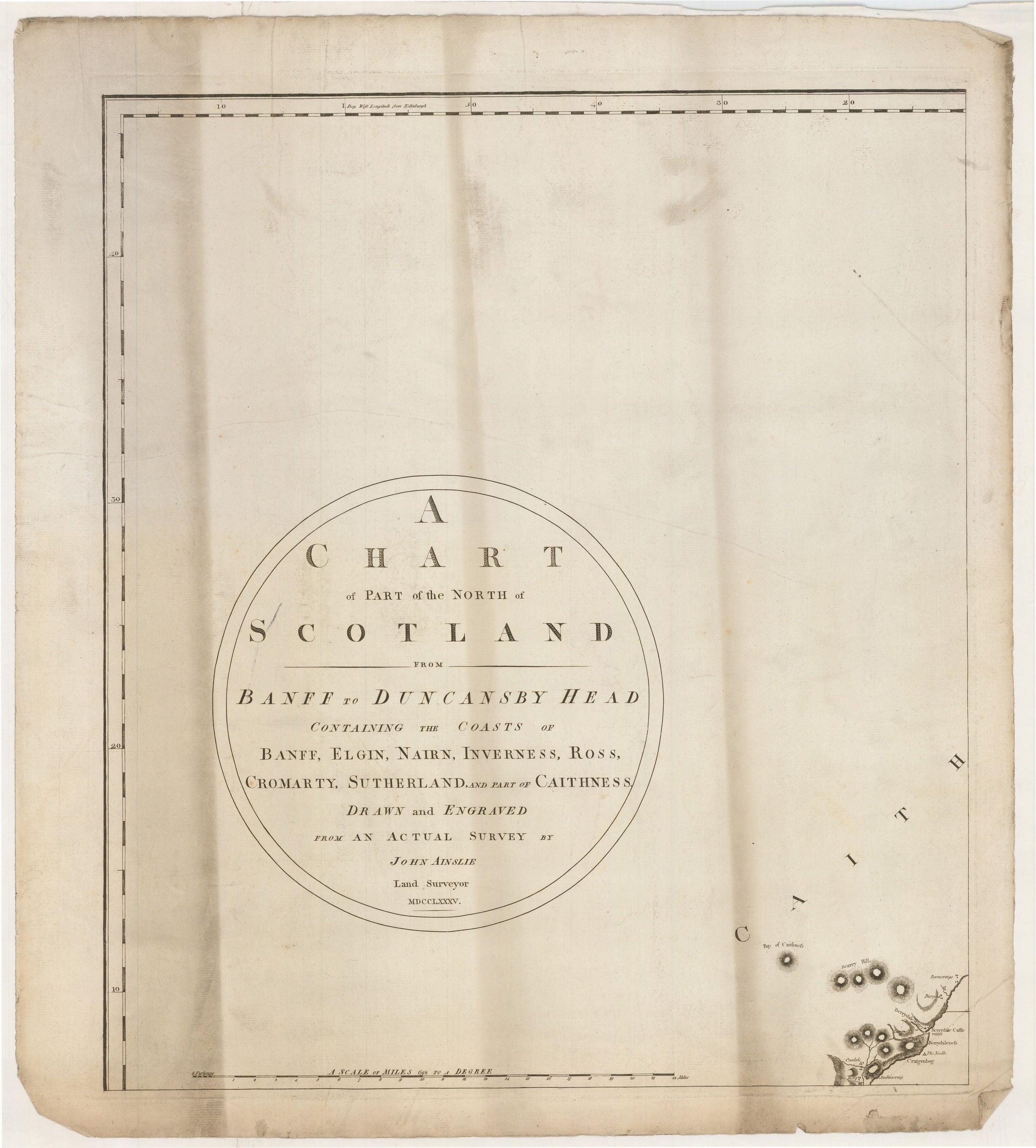 A Chart of part of the North of Scotland from Banff To Duncansby Head containing the Coasts of Banff, Elgin, Nairn, Inverness, Ross, Cromarty, Sutherland, and part of Caithness. Drawn and engraved from an actual survey ... MDCCLXXXV.